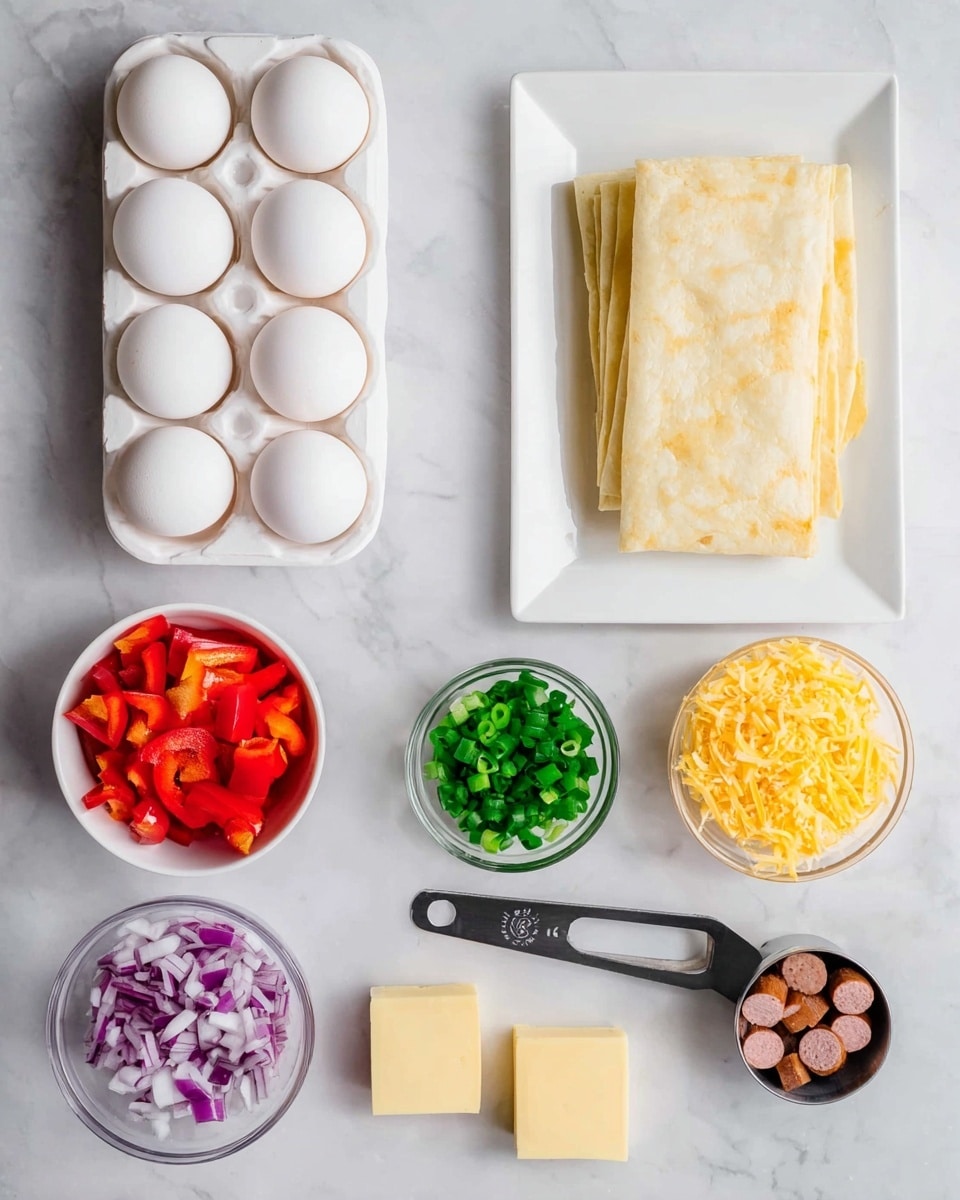 The image shows ingredients laid out on a white marbled surface. On the top left is a white egg tray holding six white eggs, with one egg placed outside the tray. To the right, there is a white rectangular plate holding three folded sheets of a pale yellow flat dough. Below, there are six small containers arranged in two rows: on the far left is a white bowl filled with bright red chopped bell peppers; next to it is a clear glass bowl with chopped green onions; on the far right in a black measuring cup with a white handle is shredded yellow cheddar cheese. Below these, from left to right, are a white bowl filled with finely chopped purple onions, a clear glass bowl with sliced small cooked sausage pieces, and two small square slices of pale yellow butter placed side by side. The photo taken with an iphone --ar 4:5 --v 7