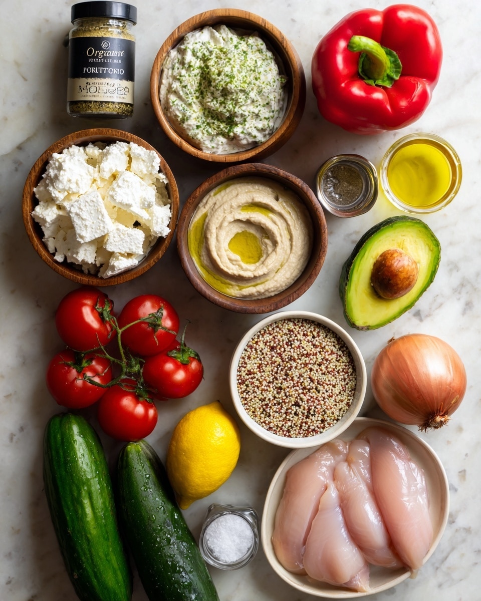 The image shows an overhead view of a variety of fresh ingredients arranged neatly on a white marbled surface. There are three round wooden bowls containing white feta cheese, a creamy white yogurt-based sauce with green herbs, and light beige hummus arranged in a loose triangular pattern. To the right, a white bowl holds four raw, pink chicken pieces positioned next to a smaller white bowl filled with mixed quinoa grains. Around these bowls are bright red tomatoes attached to their green stems, a large shiny red bell pepper, a whole dark green avocado, a yellow lemon, a red onion with a smooth skin, and a long dark green cucumber. A small jar labeled