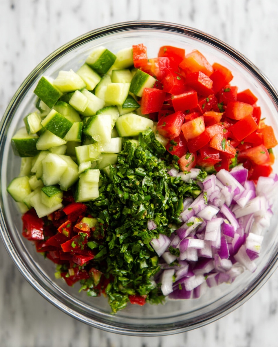 A clear glass bowl sits on a white marbled surface, filled with five distinct layers of chopped vegetables arranged in separate sections: bright green cucumber pieces on the top left, vibrant red diced tomatoes on the top right, finely chopped dark green herbs in the center, deeper red roasted red pepper pieces on the bottom left, and small purple diced onions on the bottom right. The colors contrast sharply against each other, creating a fresh and colorful presentation. Photo taken with an iphone --ar 4:5 --v 7