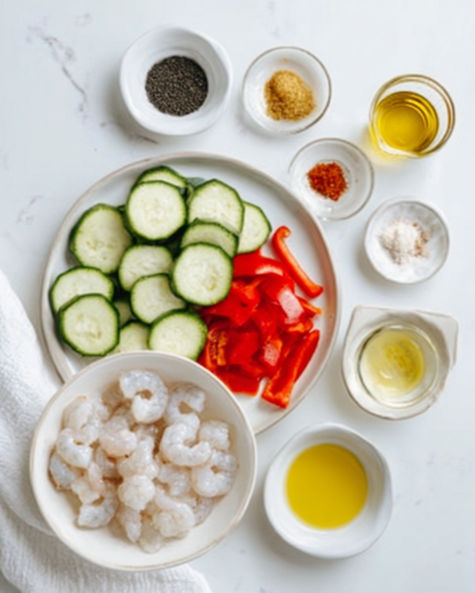 The image shows a top view of a white plate with sliced green zucchini and red bell peppers neatly arranged on one side. Next to the plate, there is a white bowl filled with raw shrimp, which is translucent and pale in color. Surrounding the plate and bowl are small white dishes holding various ingredients: one with black sesame seeds, one with a yellow spice, one with minced garlic, one with a reddish spice, one with white salt, one with olive oil, and one with a light yellow liquid. A white marbled surface is under everything, and a white cloth is partly visible near the plate. photo taken with an iphone --ar 4:5 --v 7