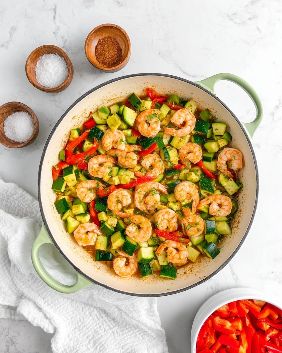 A round white pan with light green handles is filled with cooked shrimp, diced green zucchini, and sliced red bell peppers mixed together. The shrimp are peachy-pink and placed evenly across the pan, while the bright green and red vegetables are spread around them. The pan sits on a white marbled surface with three small wooden bowls of spices positioned nearby, containing white salt, a brown spice, and a reddish-brown spice. To the right, a white bowl holds extra chopped zucchini and red bell peppers on a white cloth. The image is bright and clean, showing a fresh and colorful cooked dish photo taken with an iphone --ar 4:5 --v 7