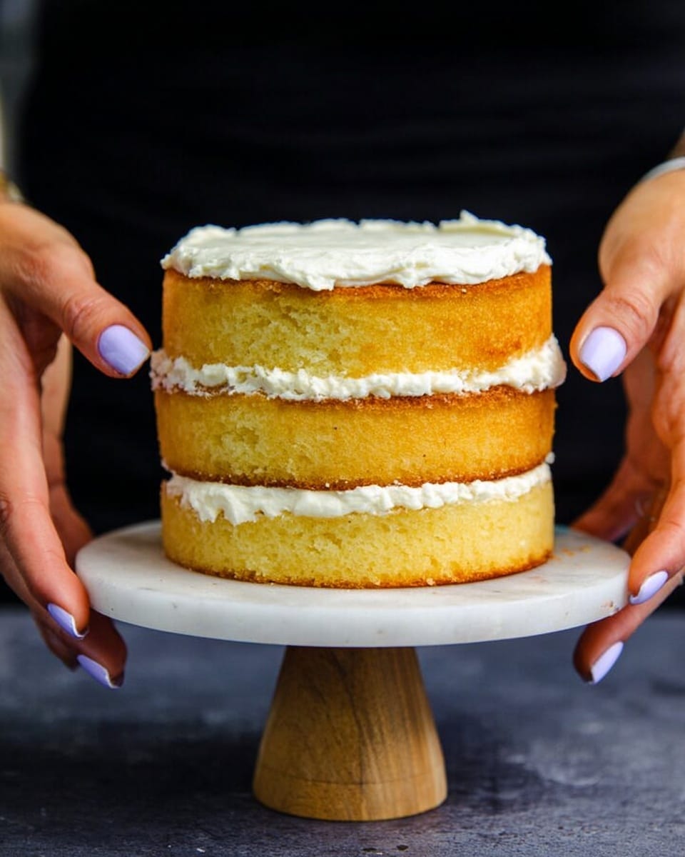 A two-layer yellow cake with white cream in between each layer is being held on both sides by a woman's hands with light purple nail polish. The cake stands on a white marbled cake stand with a wooden base. The yellow cake layers are soft and moist with the white cream spread unevenly but thickly between the layers. The background is dark, making the cake and hands stand out clearly. Photo taken with an iphone --ar 4:5 --v 7