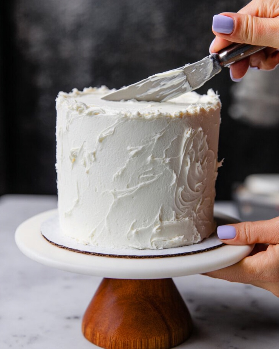 A small white frosted cake with one layer, covered in smooth white icing that has soft swirled texture all around. A woman's hand is holding the cake stand with light purple nail polish visible, and another hand is spreading more white icing on the top and side of the cake using a metal spatula. The cake is on a white cake stand with a wooden base, placed on a white marbled surface with a dark blurred background. photo taken with an iphone --ar 4:5 --v 7