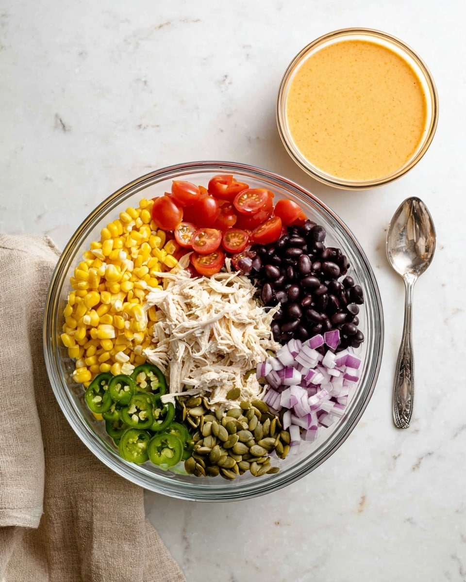 In a clear glass bowl on a white marbled surface, there are seven layers of ingredients placed side by side in distinct sections: bright yellow corn kernels at the top left, dark black beans to the right of the corn, shredded white chicken meat below the black beans, finely chopped red onions below the chicken, sliced green jalapeños to the left of the onions, halved red cherry tomatoes above the jalapeños, and a small pile of green pumpkin seeds in the center. To the upper right of the bowl is a smaller clear bowl filled with a creamy orange dressing, and a silver spoon lies on the white marbled surface next to the main bowl. A beige cloth is partially seen to the left of the bowl. Photo taken with an iphone --ar 4:5 --v 7