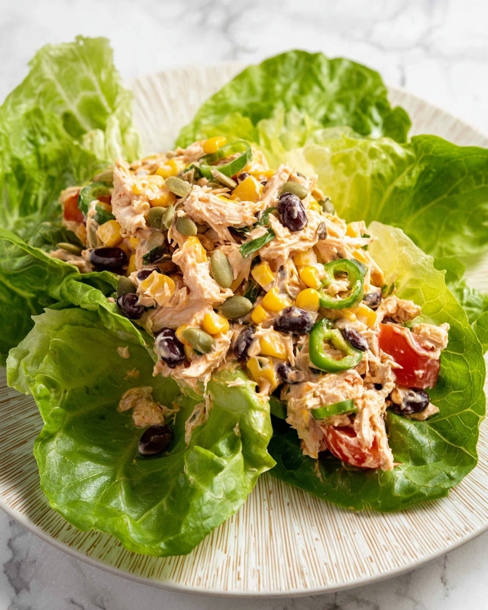 This image shows a fresh salad served on a bed of bright green large lettuce leaves, arranged neatly on a white plate with subtle textured lines. The salad itself has three main layers: the bottom layer consists of the lettuce leaves, the middle layer is a mix of shredded white chicken, pieces of yellow corn, black beans, and halved red cherry tomatoes, all coated lightly with a creamy dressing that has a slightly orange tint. Scattered throughout are small green slices of jalapeño and some green pumpkin seeds, adding texture and color contrast. The overall look is fresh, colorful, and slightly creamy, placed on a white marbled surface. Photo taken with an iphone --ar 4:5 --v 7