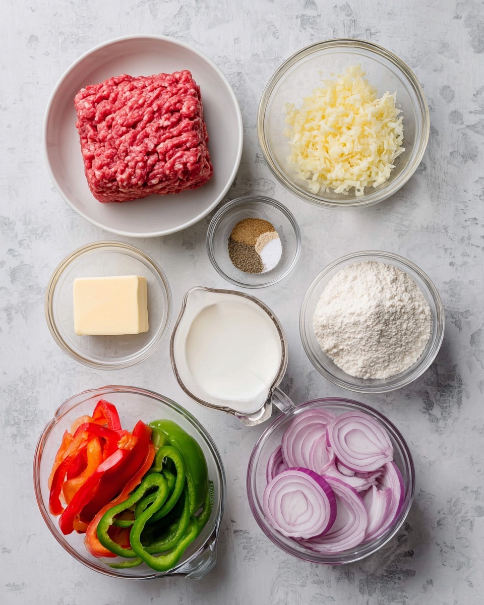 The image shows eight small bowls arranged in a loose circle on a white marbled surface. The largest white bowl at the top left holds a square block of raw ground meat, rich red with a slightly bumpy texture. To its right, a small clear glass bowl contains finely chopped pale yellow garlic. Next to it, another small clear bowl has a solid rectangular piece of pale yellow butter. Below the butter, a clear measuring cup holds white heavy cream. To the right of the cream, a tiny clear bowl has light brown ground spice. At the bottom right, a clear bowl contains white flour powder. Below the meat bowl, a white bowl holds thin slices of light purple-red onion. To the right of the onions, a white bowl has red and green sliced bell peppers. Finally, a very small clear bowl to the left contains salt and pepper. The photo is taken with an iphone --ar 4:5 --v 7
