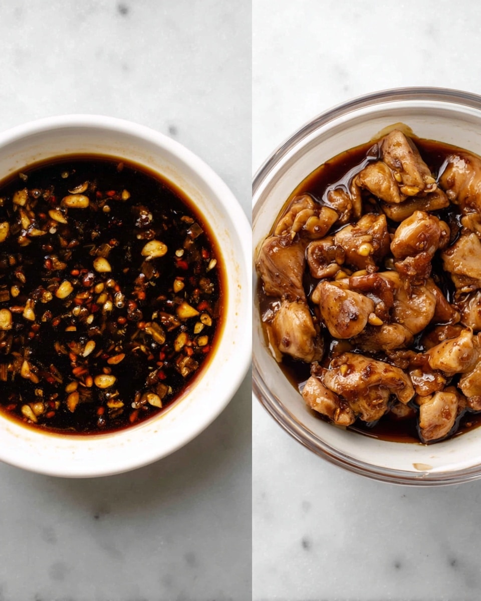 The first image shows a white bowl filled with dark brown sauce that has small pieces of garlic or spices floating in it, giving it a textured look. The second image displays a similar white bowl filled with small pieces of raw chicken soaked in a dark marinade that covers almost every piece, making the chicken shiny and rich in color. Both bowls sit on a white marbled surface. photo taken with an iphone --ar 4:5 --v 7