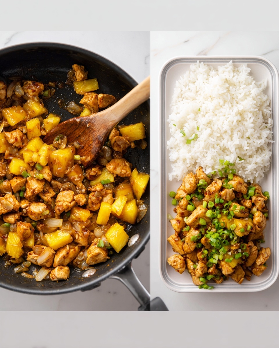 The image on the left shows a black pan filled with a cooked dish made of small pieces of chicken and yellow pineapple chunks mixed together. A wooden spoon is stirring the ingredients, and some small bits of onion can be seen in the mix. The pan sits on a white marbled surface. The image on the right displays a white rectangular plate with two parts: the left side has the same chicken and pineapple mix topped with chopped green onions, and the right side holds a serving of plain cooked white rice. The plate rests on a white marbled surface. photo taken with an iphone --ar 4:5 --v 7