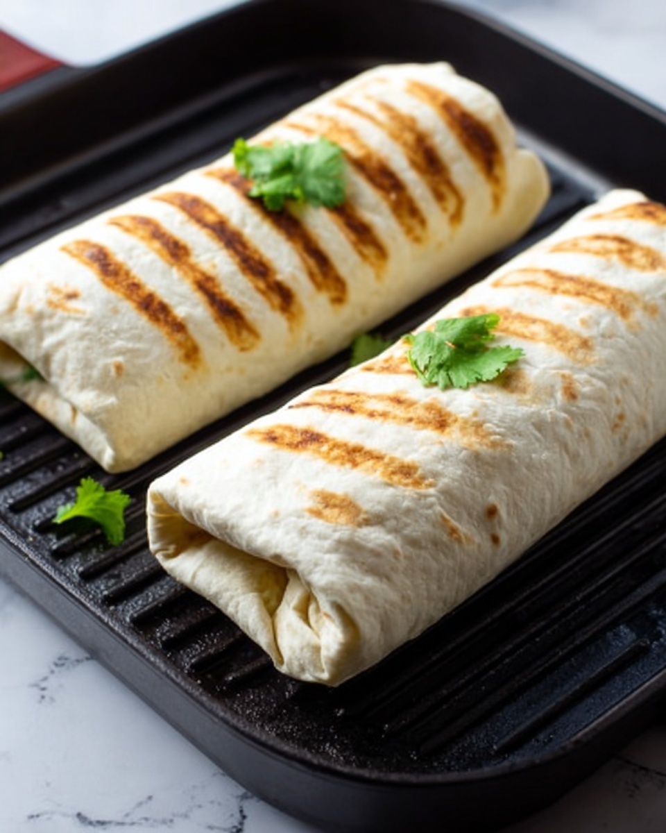 Two grilled burritos with light browned grill marks on their surface sit side by side on a black grill pan. The burritos are tightly wrapped with soft, slightly textured tortillas, showing some light puffed areas. On top, there are two small pieces of green cilantro as garnish. The pan surface has even, parallel ridges, and the background is a white marbled texture. Photo taken with an iphone --ar 4:5 --v 7