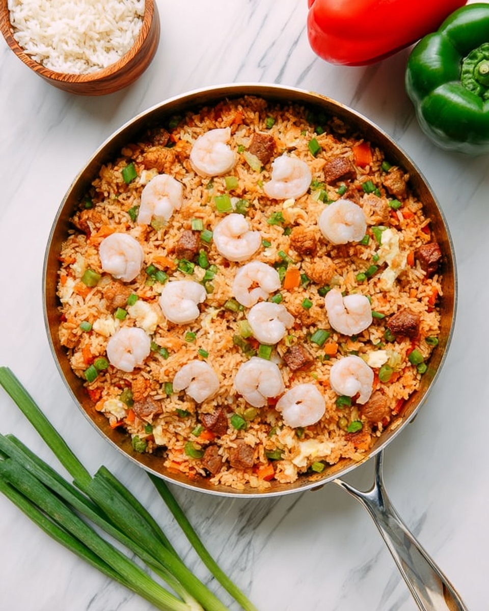 A round metal pan filled with a colorful dish showing three visible layers: the bottom layer is orange-brown cooked rice with bits of green bell peppers and small pieces of brown sausage and light yellow chicken, the middle layer is mixed with vegetables and meat evenly spread, and the top layer consists of white cooked shrimp scattered on top, creating a contrast in color. The pan handle extends downward, and the pan sits on a white marbled surface with a green bell pepper and a red bell pepper at the top right, a wooden bowl partly filled with white rice at the top left, and three green onions laid on the bottom left. Photo taken with an iphone --ar 4:5 --v 7