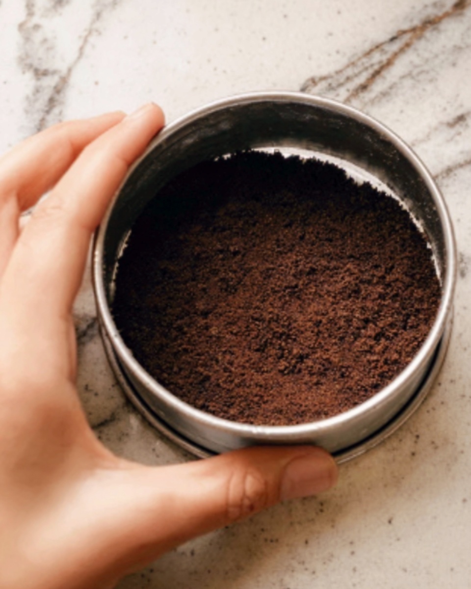 A woman's hand is holding a round metal ring mold over a white marbled surface filled with a dark brown crumbly layer, which looks like crushed chocolate or cookie crumbs. The texture of this layer is coarse and uneven, spreading flat inside the metal ring mold. Photo taken with an iphone --ar 4:5 --v 7