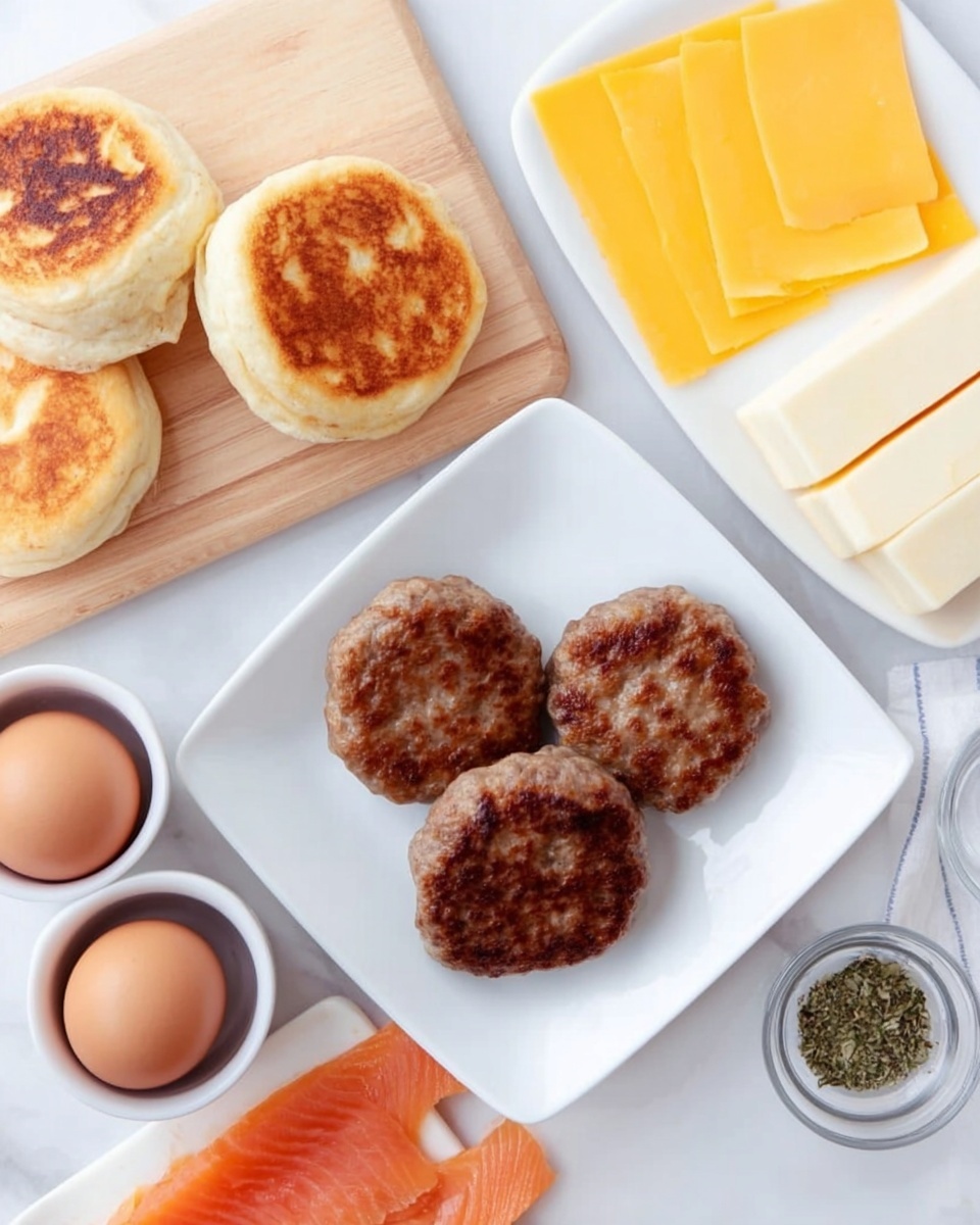 The image shows a white square plate with four browned sausage patties grouped closely in the center on a white marbled surface. To the left, two brown eggs sit separately in two small white round bowls. Above the eggs, two light golden English muffins with a toasted texture are placed on a wooden cutting board. Next to the muffins, there are two bright yellow cheese slices stacked on top of each other. In the top right corner, a white plate holds several slices of white cheese with a hint of yellow, and a small glass bowl with green herbs and light seasoning is visible. A piece of a woman’s hand holding a slice of smoked salmon or a similar salmon-colored food item appears near the bottom edge of the square plate. Photo taken with an iphone --ar 4:5 --v 7
