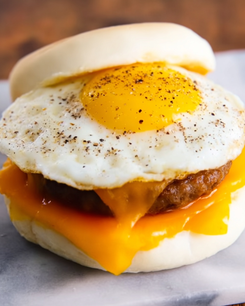 The image shows a close-up of a sandwich with three layers. The bottom layer is a white bun with a shiny orange slice of melted cheese on top. Above the cheese, there is a cooked brown patty of meat. The top layer is a fried egg with a bright yellow yolk and white edges, sprinkled with black pepper. The sandwich is placed on a white marbled surface. Photo taken with an iphone --ar 4:5 --v 7