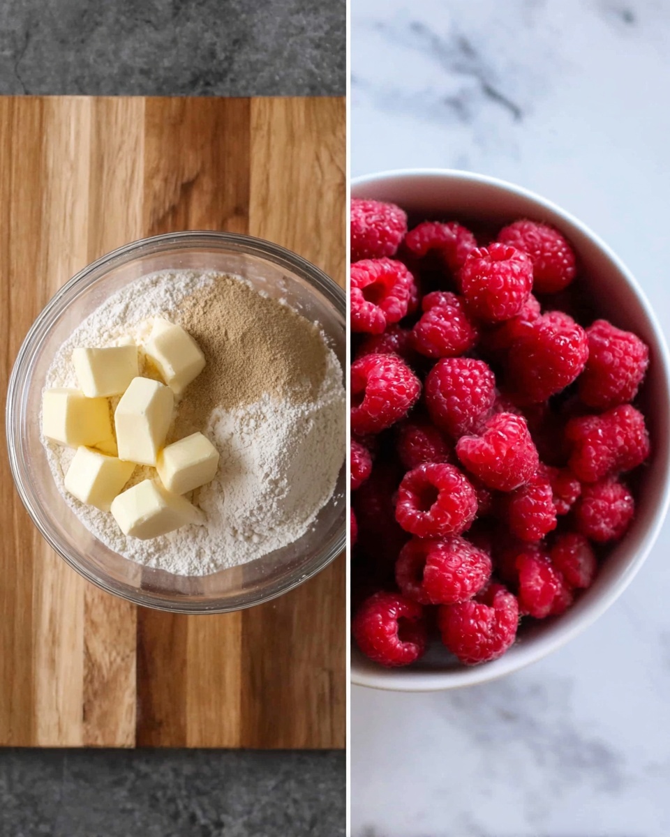 The left image shows a clear glass bowl filled with white flour, light brown cinnamon, and several small cubes of pale yellow butter on top, placed on a wooden surface. The right image shows a white bowl filled to the top with bright red raspberries on a white marbled surface. Photo taken with an iphone --ar 4:5 --v 7