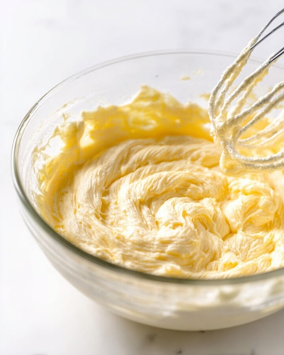A clear glass bowl filled with creamy, light yellow mixture being blended with a metal hand mixer. The mixture looks soft and fluffy with smooth, slightly textured swirls covering the surface. The bowl is placed on a white marbled surface with bright lighting that highlights the silky texture of the mixture. Photo taken with an iphone --ar 4:5 --v 7