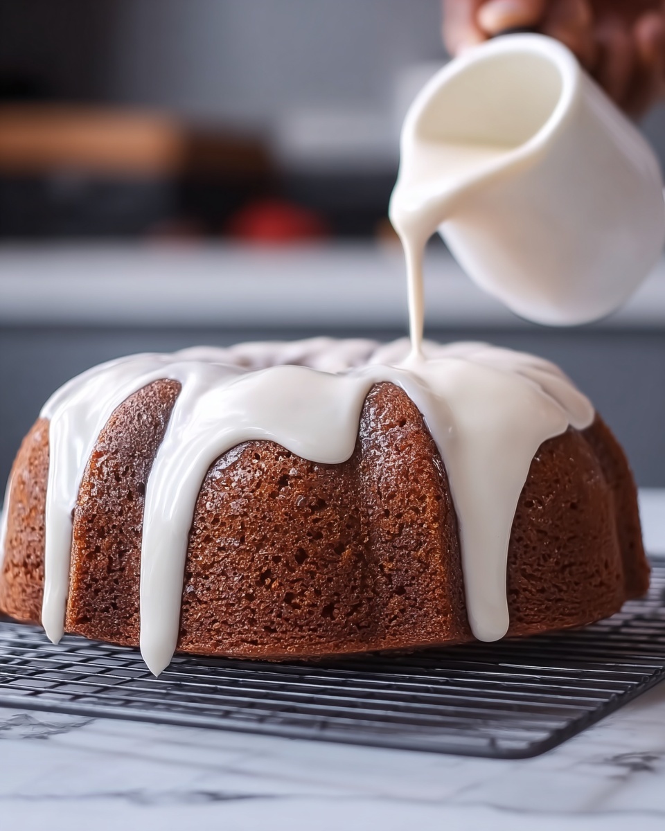 A single round bundt cake with a deep brown color and a porous texture rests on a cooling rack. Thick white icing is poured over the top, slowly flowing down the sides in smooth, shiny waves that slightly drip over the edges. The background shows a blurred indoor setting with a white marbled surface underneath. A woman's hand holding a utensil is partially visible, guiding the icing. Photo taken with an iphone --ar 4:5 --v 7