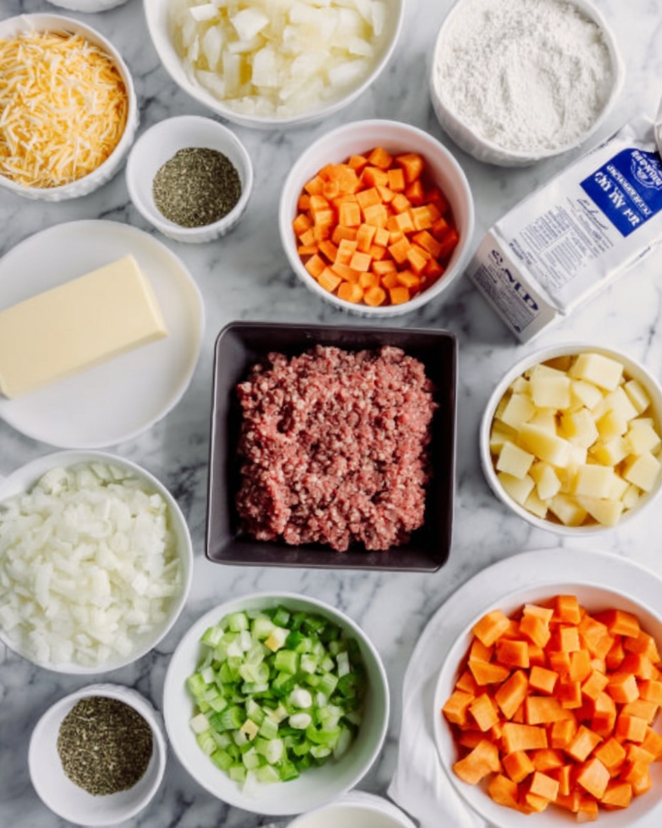 A top-down view of multiple white bowls and plates arranged on a white marbled surface, each filled with different ingredients for cooking. There is a square black tray in the center with raw ground beef, surrounded by white bowls containing diced orange carrots, chopped white onions, yellow chopped potatoes, and shredded orange cheese. Smaller white bowls hold what looks like minced garlic and mixed dried herbs. A white plate contains a block of butter, and a small pile of chopped green celery sits nearby. To the right, a white milk carton and a white bag of flour are partially visible. The overall scene is bright and colorful, showing fresh and prepared ingredients ready for cooking. Photo taken with an iphone --ar 4:5 --v 7