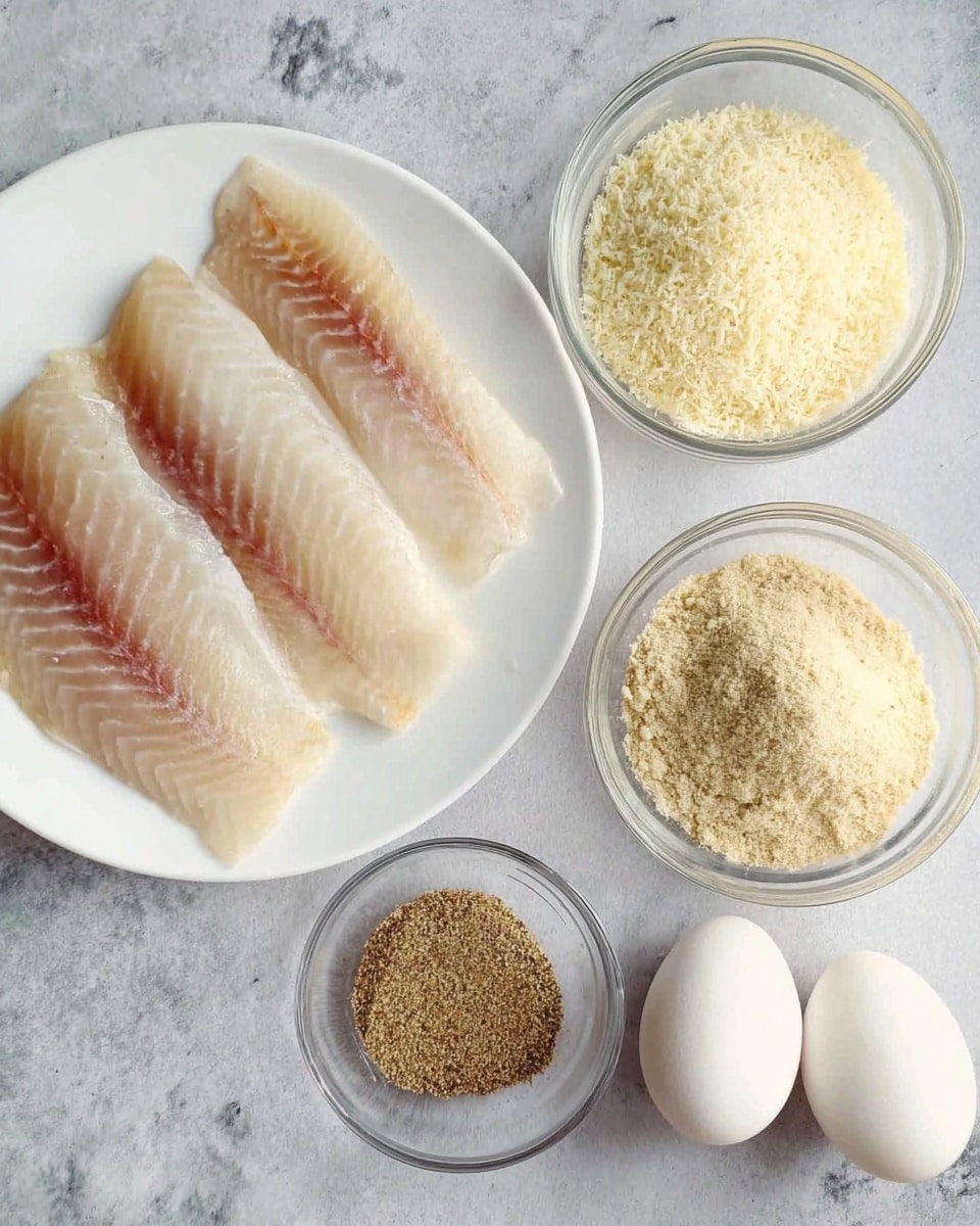 The image shows several ingredients arranged on a white marbled surface. On the left, there is a white plate with three pieces of raw fish fillets that have a shiny, pale pink and white texture with faint reddish stripes. In the top center, two clear glass bowls hold different light beige powders – the one on the left is finer and looks like grated cheese, while the one on the right has a coarser, crumbly texture. Below these, a smaller clear bowl contains a mix of ground spices that are brown and slightly coarse. To the right of this bowl, two clean white eggs are placed side by side. The overall setup is neat and ready for cooking steps, photo taken with an iphone --ar 4:5 --v 7