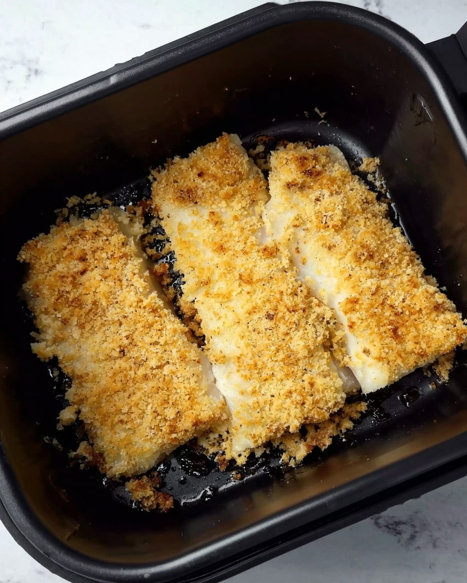 Inside the black container, there are three pieces of fish with a thick, even, pale golden crumb coating. The coating has a crumbly texture that covers the entire top surfaces fully and some of the sides. The fish pieces are placed in a row with two larger pieces and one smaller piece in the middle at the top right corner. The background around the black container is a white marbled texture photo taken with an iphone --ar 4:5 --v 7