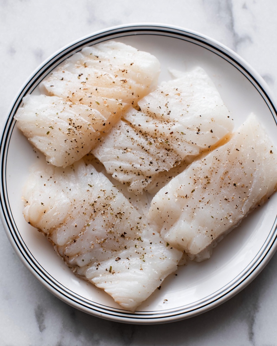 A white round plate with a thin black rim shows four pieces of uncooked white fish fillets neatly arranged across the plate. The fish has a smooth, slightly translucent texture with light seasoning of black pepper sprinkled evenly on top. The plate is placed on a white marbled surface. photo taken with an iphone --ar 4:5 --v 7