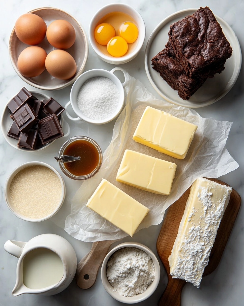 The image shows various baking ingredients neatly arranged on a white marbled surface. In the center, three blocks of pale yellow butter rest on parchment paper. To the left, three brown eggs sit next to a small bowl holding three egg yolks. Above the eggs, a white bowl contains a stack of two brownies with a rich dark brown color and textured tops. Surrounding these are small white bowls filled with different ingredients: powdered sugar, dark chocolate squares, granulated sugar, a light beige liquid (likely vanilla extract), a thick caramel-like sauce, and a small pitcher of milk. A white mug holds white flour with a spoon inside. A wooden cutting board supports a long stick of butter wrapped in parchment. Everything is placed carefully, showing clear colors and textures, with soft natural light highlighting the scene photo taken with an iphone --ar 4:5 --v 7
