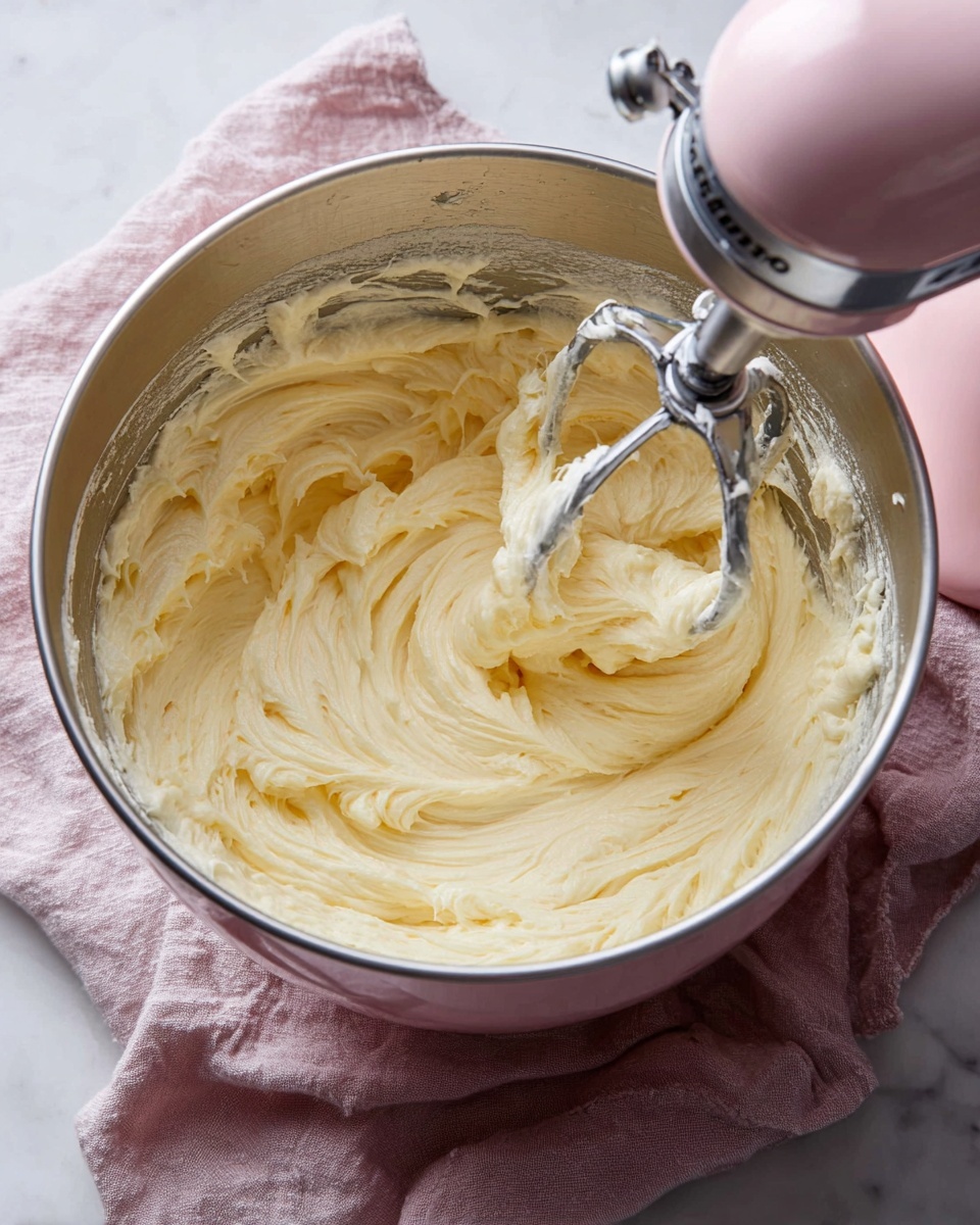 A silver mixing bowl filled with thick, creamy, light yellow batter is shown. The batter has a smooth, fluffy texture with swirls from mixing. A pink electric mixer with two beaters is partially in the bowl, lifting some of the batter. The bowl rests on a soft pink cloth, all set on a white marbled surface. photo taken with an iphone --ar 4:5 --v 7