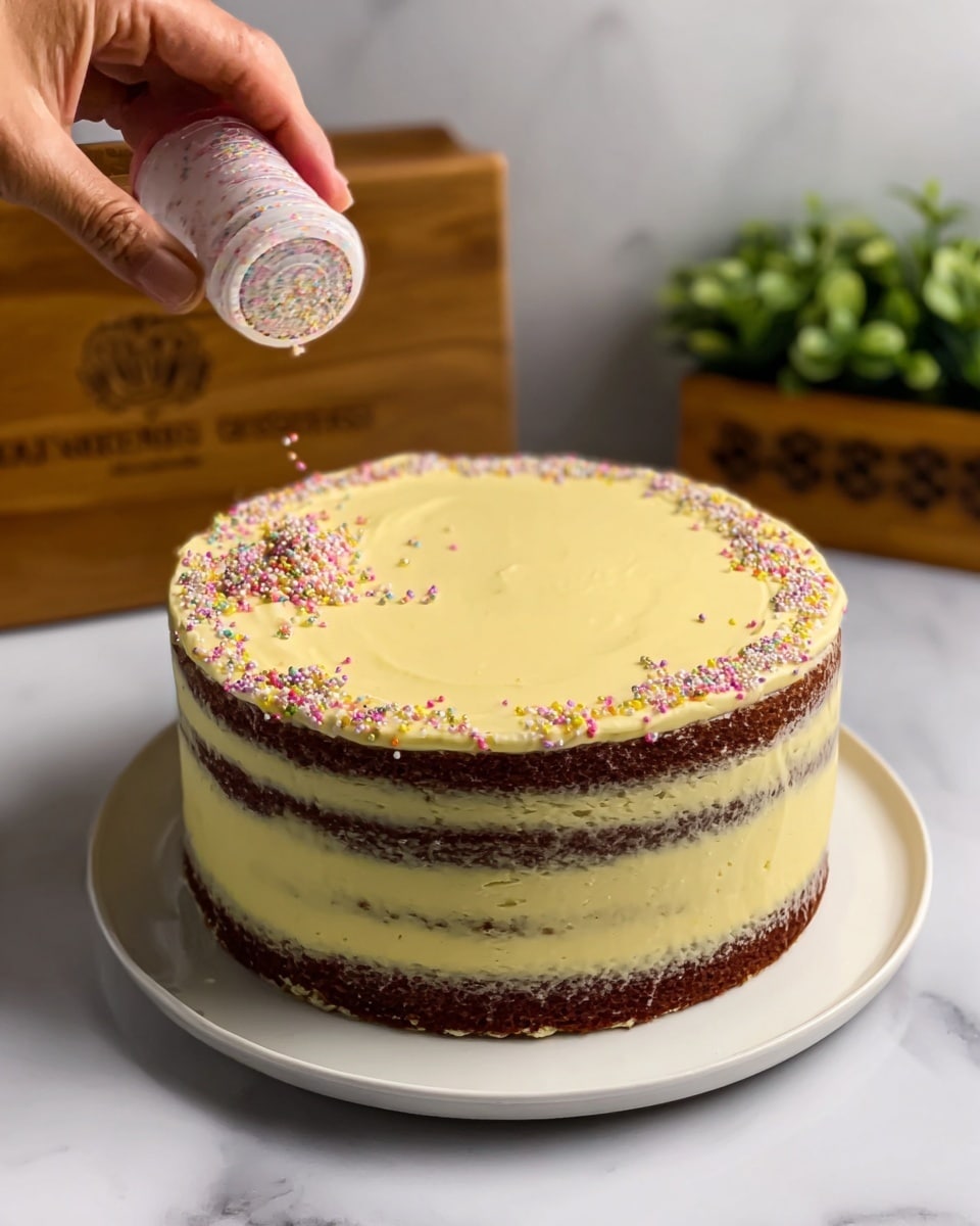 A tall, round cake with three visible layers is shown on a white plate on a white marbled surface. The cake is covered in smooth, light yellow cream frosting that thinly covers the sides, allowing some of the dark brown cake layers to peek through. The top of the cake has a thick layer of the same light yellow frosting, with a woman's hand sprinkling colorful round sprinkles over one side near the edge. The background has a small wooden sign and green leaves. photo taken with an iphone --ar 4:5 --v 7