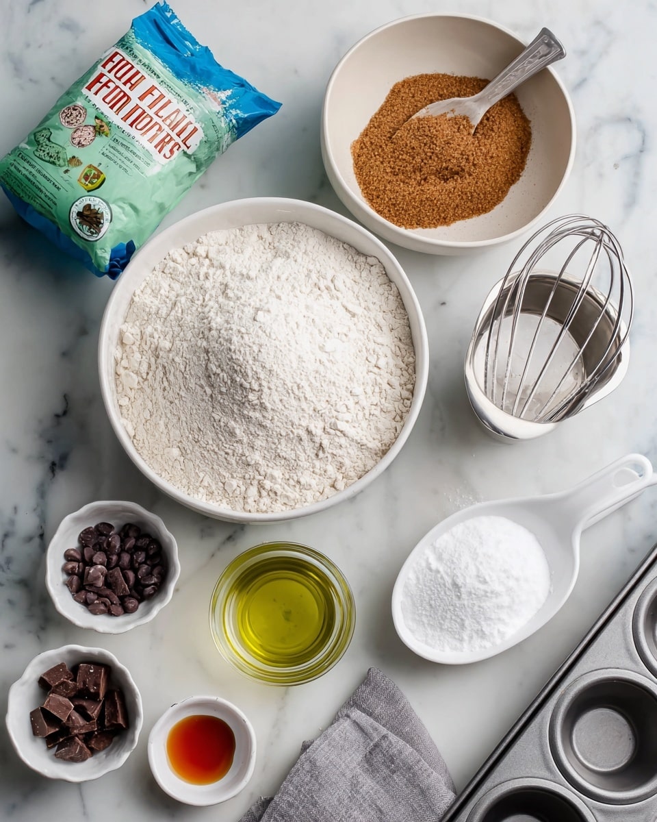 The image shows a white bowl in the center filled with a mound of light-colored flour. To the upper right, a white bowl holds a brown sugar mound on top of a layer of white sugar, with a silver whisk resting inside. Just above the flour bowl, there is a metal measuring cup filled with flour. Next to it on the left side, there is a blue and green bag of all-purpose flour standing upright. On the right side near the sugar bowl, there is an oval white dish with baking soda and powder, and a small white measuring spoon resting beside it. Below these, there are two small white bowls, one filled with dark chocolate chips and pieces, and the other with green olive oil and reddish liquid, likely vanilla extract. A clear glass filled with water sits below the flour bowl, and a gray cloth is folded on the white marbled surface near the bottom left. A silver muffin tray is at the bottom right. Overall, the items are arranged neatly on a white marbled surface photo taken with an iphone --ar 4:5 --v 7