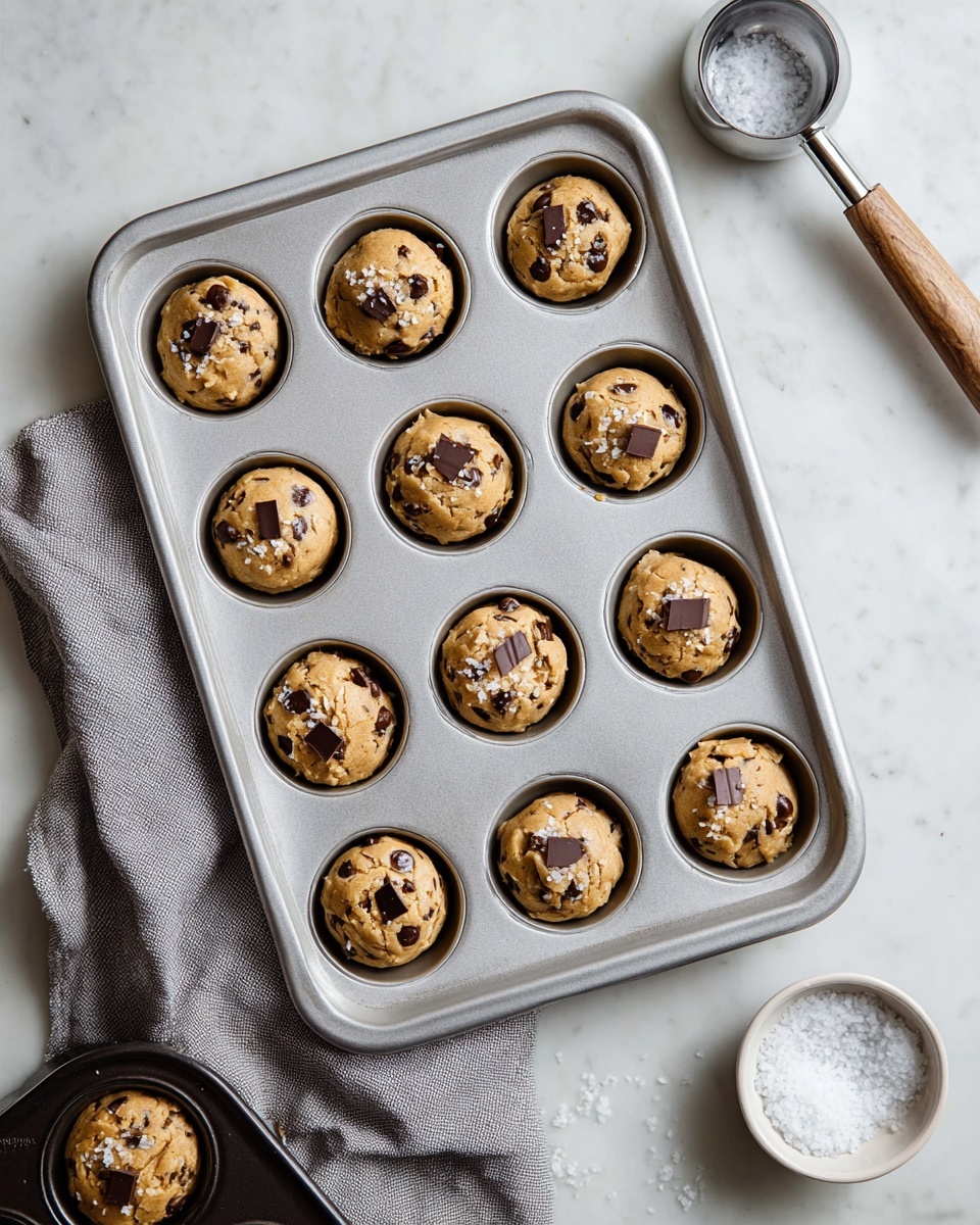 A silver muffin tray holds 12 round balls of light brown cookie dough with visible dark chocolate chunks and flat chocolate pieces on top, sprinkled lightly with white salt flakes. To the top right, a metal cookie scoop with more dough inside rests on a white marbled surface. Below the tray, a gray cloth lies gently folded, with a smaller dark muffin tray partially visible at the bottom left holding dough balls. On the bottom right side, a small white bowl filled with coarse white salt sits on the white marbled surface. The overall setting is clean and bright, focusing on the cookie dough ready for baking photo taken with an iphone --ar 4:5 --v 7