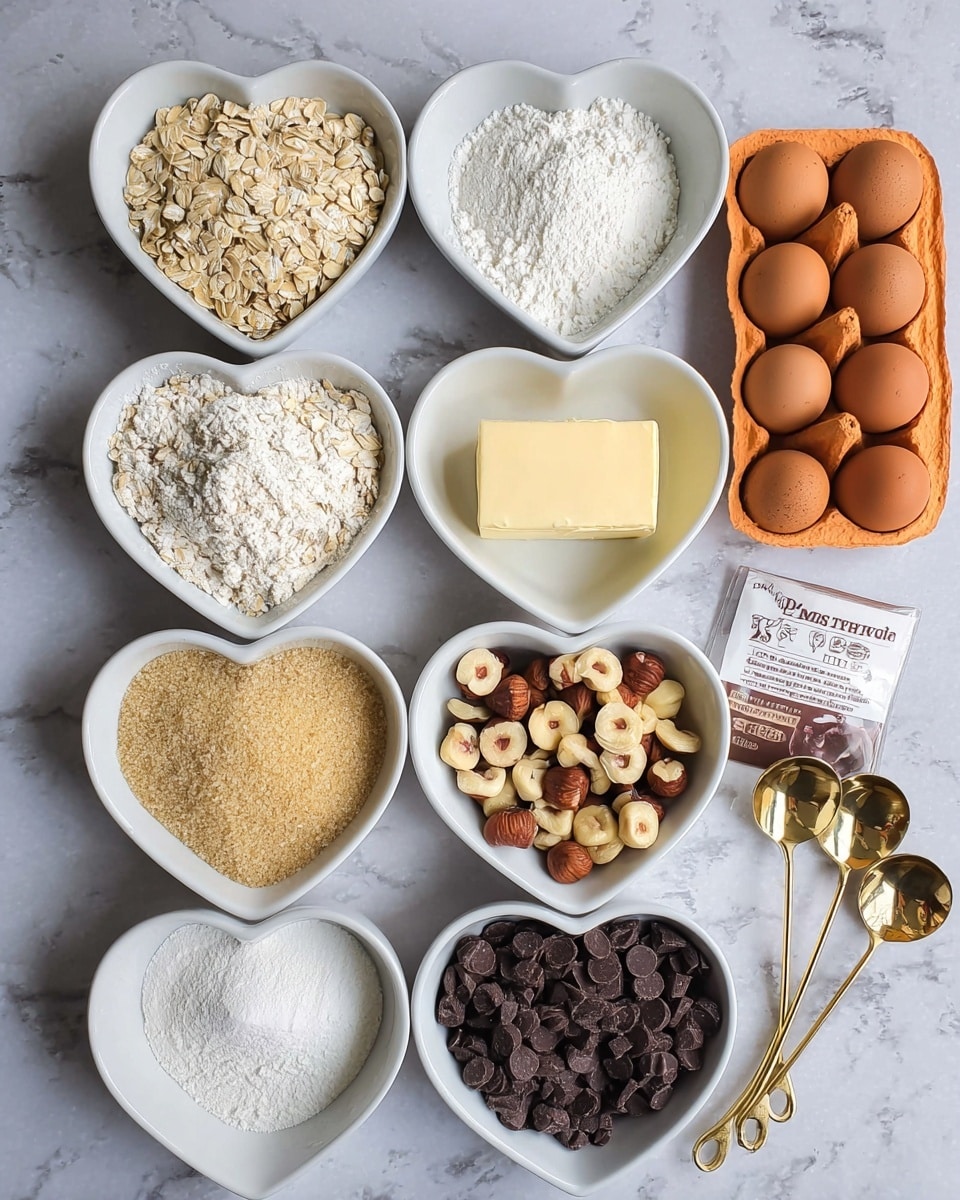 The image shows seven white heart-shaped bowls arranged on a white marbled surface, each bowl filled with different baking ingredients. From left to right and top to bottom: the first bowl holds light beige rolled oats with a rough texture, the second contains white flour with a fine powdery look, the third smaller bowl has white granulated sugar, the fourth bowl holds a golden brown sugar with a granulated texture, the fifth bowl contains a pale yellow stick of butter with a smooth surface, the sixth holds chopped hazelnuts with light and dark brown shells and cream insides, and the seventh bowl is filled with dark brown chocolate chips with a shiny surface. On the right side, there is an orange carton of six eggs with two brown eggs placed outside the carton and two golden measuring spoons beside the sugar bowl. photo taken with an iphone --ar 4:5 --v 7