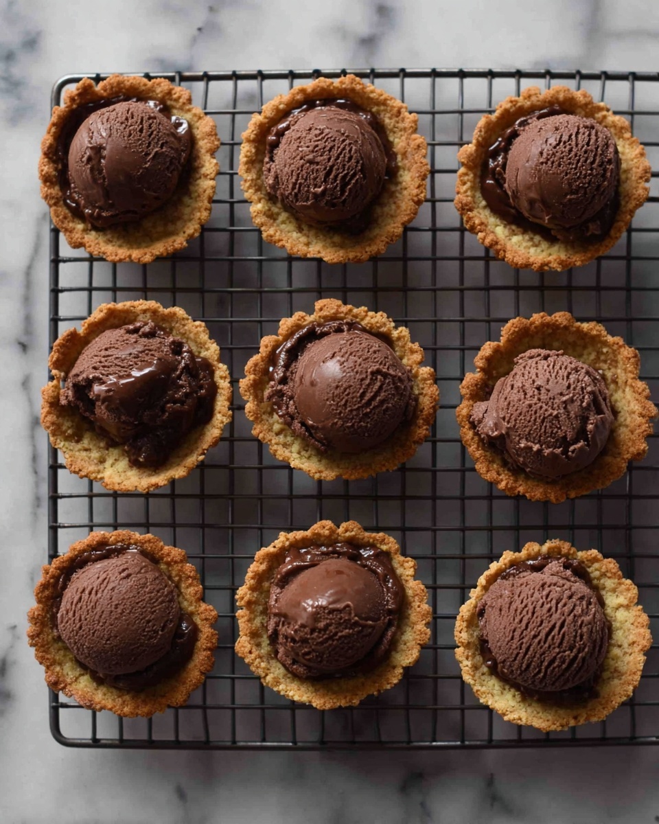 The image shows nine small round cookies topped with a scoop of dark chocolate ice cream on each. The cookies are golden brown with a rough texture and slightly raised edges that hold the ice cream well. The ice cream scoops are dark brown with a smooth, slightly uneven surface. All nine cookies are arranged neatly in a grid pattern on a black cooling rack placed over a white marbled surface. photo taken with an iphone --ar 4:5 --v 7