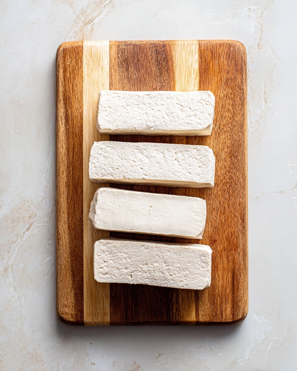 Five rectangular white tofu blocks are placed side by side on a wooden cutting board with light and dark grain patterns. The tofu pieces vary slightly in texture, showing smooth and slightly porous surfaces. The cutting board lies on a white marbled surface with subtle gray veins. The photo is taken from above, focusing clearly on the tofu's clean cuts and the natural wood texture photo taken with an iphone --ar 4:5 --v 7