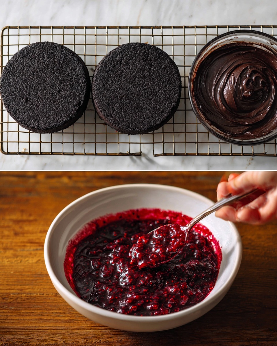 The images show three stages of making a dark chocolate cake. The first image shows two round black cake layers sitting on a wire rack cooling on a wooden surface. The layers have a rough, moist texture. The second image shows a glass bowl filled with thick, dark black frosting with swirled, creamy texture, placed on the same wooden surface. The third image shows a white bowl filled with bright red raspberry jam with visible seeds, with a spoon covered in the jam held over the bowl by a woman's hand. The background for all is a white marbled texture. photo taken with an iphone --ar 4:5 --v 7