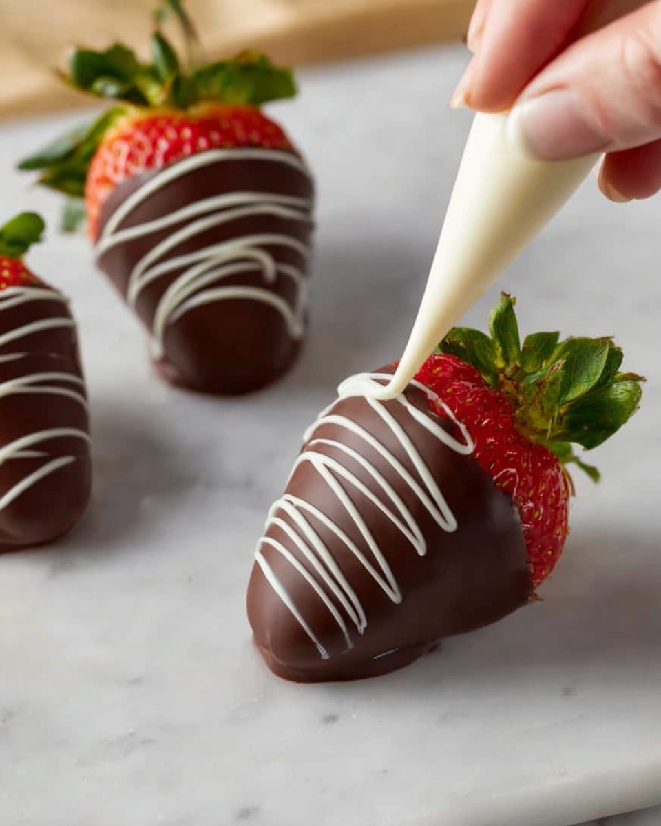 The image shows three large strawberries dipped in smooth dark chocolate on a white marbled surface. One strawberry in the front is being decorated with thin, white chocolate lines made by a woman’s hand holding a piping bag, gently squeezing the white chocolate over the dark layer. The strawberries are rich red with bright green leaves on top. The chocolate coating is thick and shiny, covering the strawberries mostly but leaving the green leaves visible. The white chocolate lines create a fine, wavy pattern across the strawberry in focus. Photo taken with an iphone --ar 4:5 --v 7