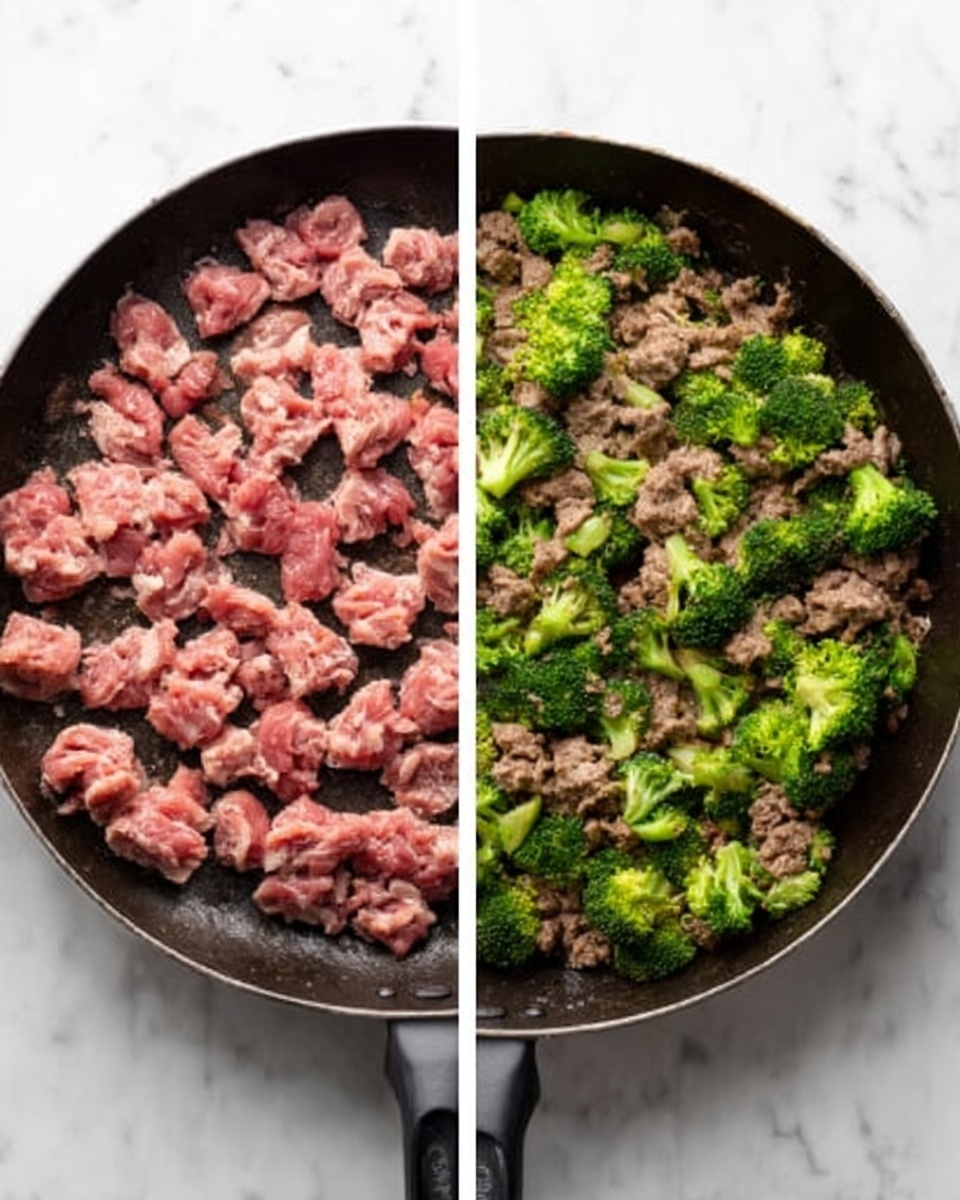 The image shows two black pans on a white marbled surface. The left pan contains many small pieces of pink raw meat spread evenly across the pan. The right pan has the same small pieces of cooked brown meat mixed with bright green broccoli florets, filling the pan fully. The textures show the transformation from raw meat to cooked, with broccoli adding contrast. Photo taken with an iphone --ar 4:5 --v 7