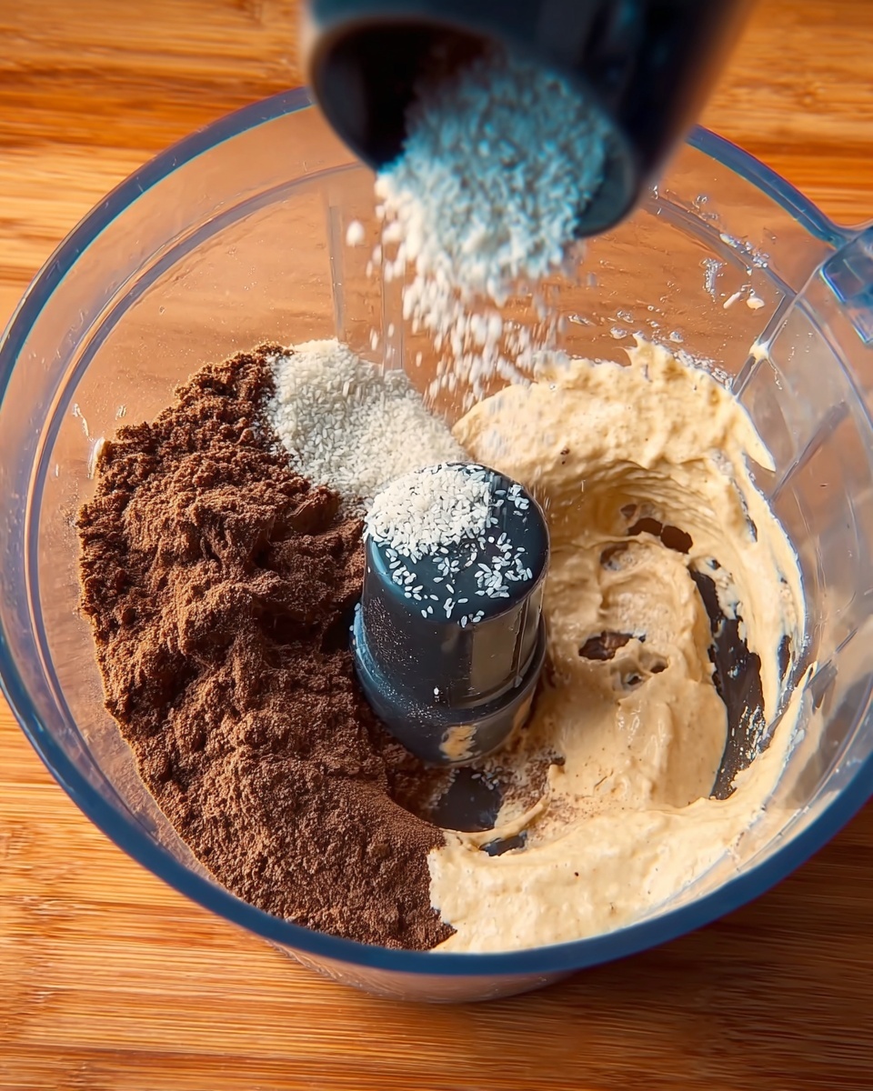 A clear food processor bowl holds three layers of ingredients: on the left side, a layer of dark brown powder with a fine texture; on the right side, a thick, light beige creamy mixture with a slightly rough texture; and above the powder, a black spoon pouring small white grainy particles into the bowl. The background is a wooden surface under the bowl. Photo taken with an iphone --ar 4:5 --v 7