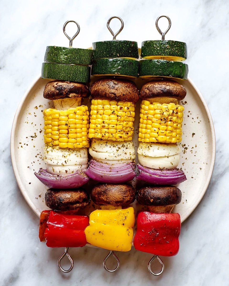The image shows four skewers of colorful grilled vegetables arranged on a white plate placed on a white marbled surface. Each skewer has the same six layers stacked from top to bottom: a thick dark green zucchini slice, a yellow corn cob segment with visible kernels, a white and purple onion wedge, a whole brown mushroom, a thick yellow squash slice, and a bright red bell pepper piece at the bottom. The vegetables are lightly seasoned with small black pepper flakes, and the metal skewers have round loop handles resting on the plate. The photo taken with an iphone --ar 4:5 --v 7