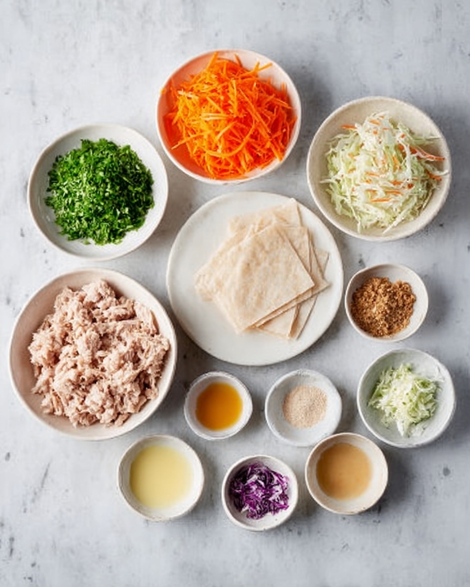 Several small white bowls and a white plate are arranged on a white marbled surface. One white bowl contains shredded carrots in bright orange, another holds finely chopped green herbs. A larger white bowl features light pink ground meat with a smooth texture. There is a white plate stacked with light beige, square wrappers placed near the center. Other small white bowls hold various seasonings and sauces, including a grainy brown paste, a yellow smooth sauce, a light-cream powder, a dark powder, and finely chopped white cabbage with purple bits. The overall colors are soft and natural, with careful separation of each ingredient. Photo taken with an iphone --ar 4:5 --v 7
