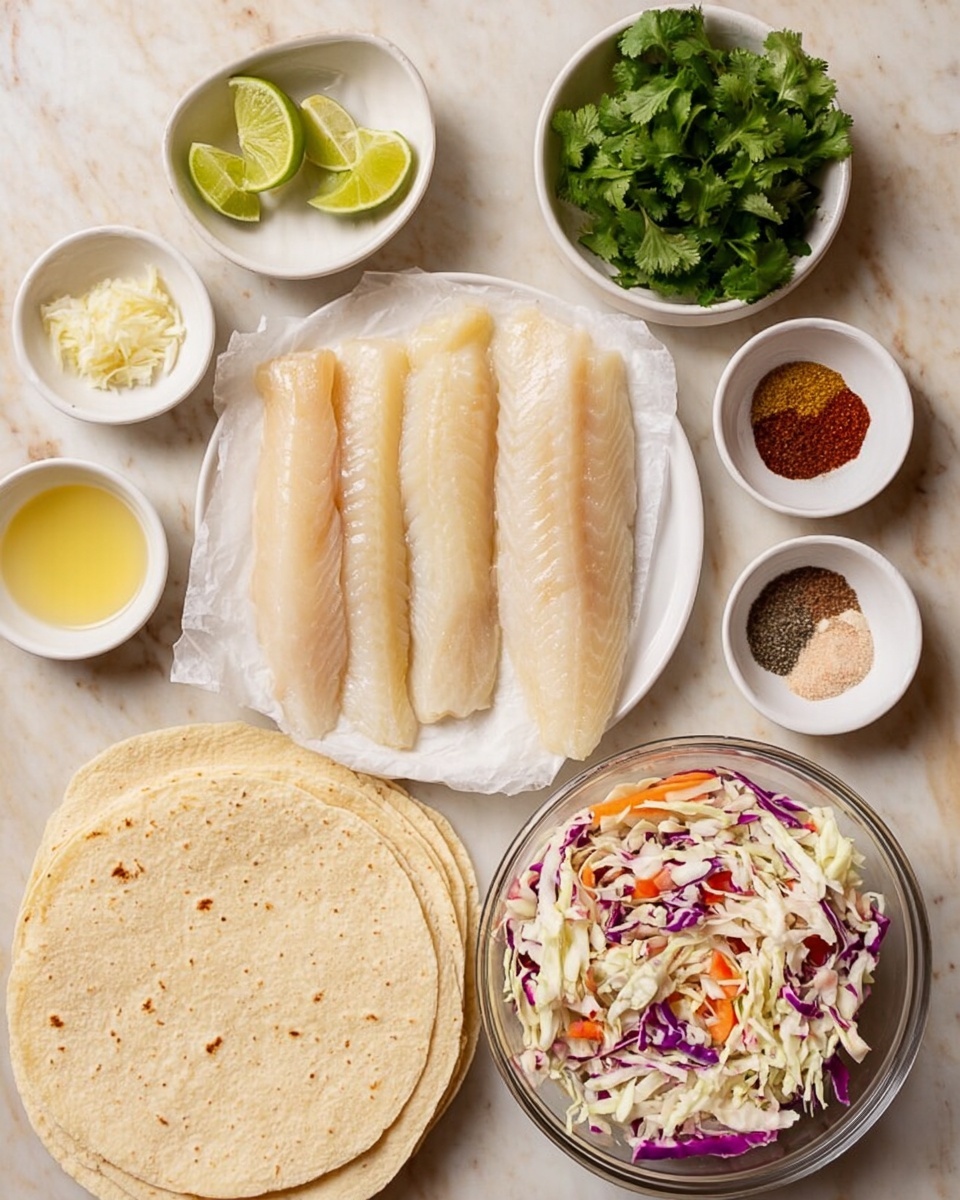 A white round plate holds four light beige fish fillets with smooth texture, arranged flat on white parchment paper near the top right. Around it are several small white bowls: one with bright green cilantro leaves, one with a mix of colorful spices including red, brown, and green powders, one half lime slice, one half lime on the top left, one with pale yellow minced garlic, one with pale pink sauce, one with light yellow oil, and one with black pepper. In the lower center, there is a clear glass bowl filled with shredded white, purple, and orange cabbage mixed for slaw. To the bottom left, there is a stack of round, light beige tortillas on a white plate. All items are set over a white marbled surface. photo taken with an iphone --ar 4:5 --v 7