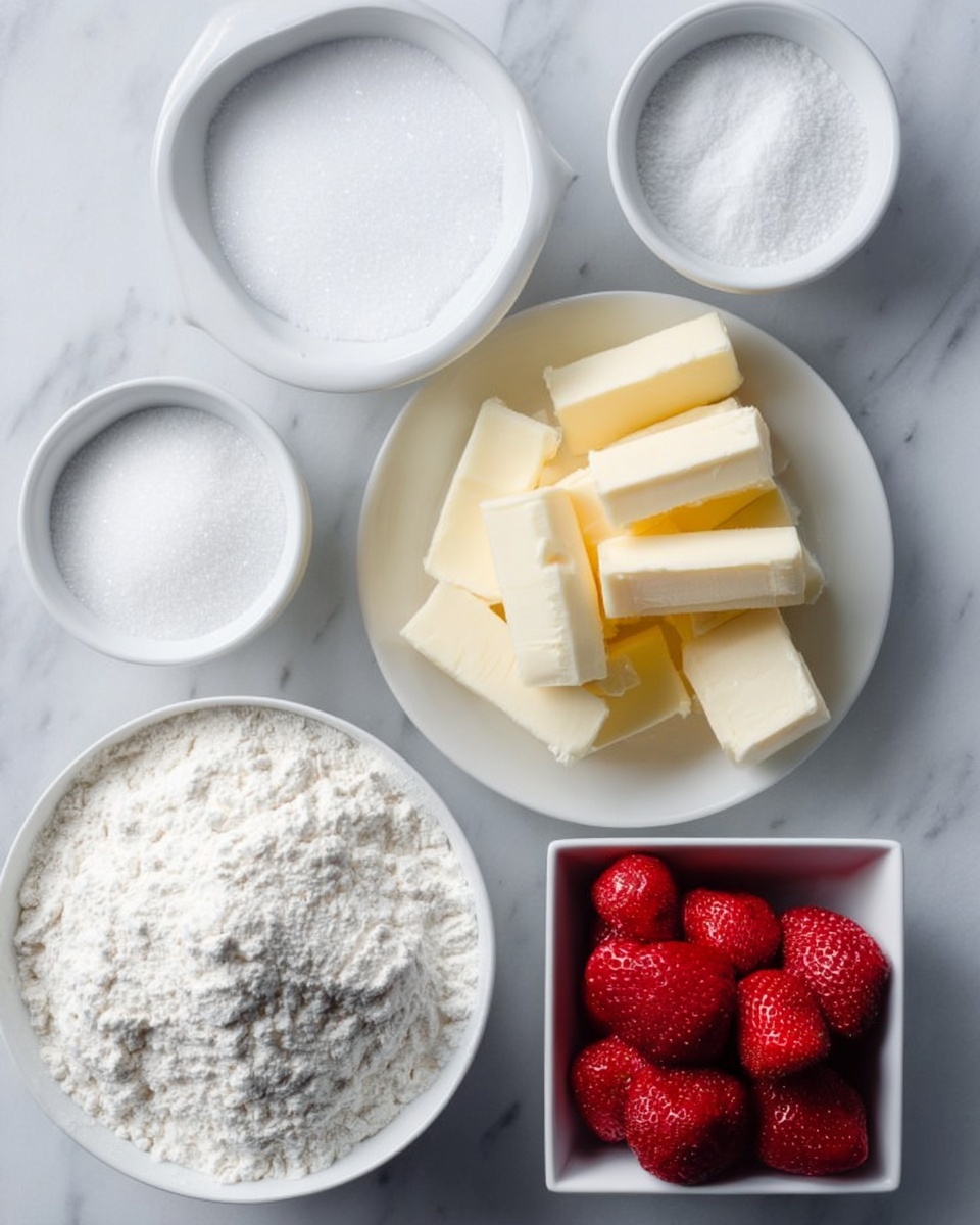 The image shows five white bowls placed on a white marbled surface, each containing different ingredients for baking. In the center, there is a white plate filled with chunks of pale yellow butter cut into rectangles. To the top left, a white bowl holds white granulated sugar, while a smaller white bowl to the top right contains white salt. At the bottom, a large white bowl is filled with white flour with a powdery texture. To the bottom right, there is a small white square bowl containing fresh red strawberries with a smooth, glossy surface. Photo taken with an iphone --ar 4:5 --v 7
