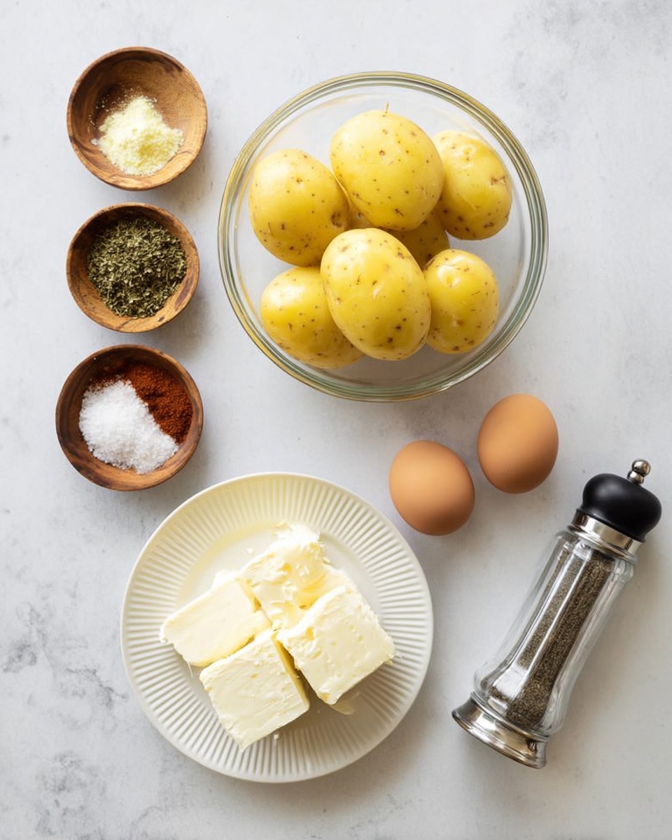 The image shows seven yellow peeled boiled potatoes stacked inside a clear glass bowl placed in the middle on a white marbled surface. To the right of the bowl is a clear pepper grinder with a black top next to four brown eggs grouped together. Below the bowl is a white plate with ridges that holds three blocks of white cheese, one partially crumbled. On the left side, there are three small round wooden bowls arranged vertically, each holding different spices: dried green herbs at the top, reddish-brown powder in the middle, and a little white bowl filled with a pale yellow powder near the top left corner. A small wooden bowl containing coarse salt sits just above the powder bowl. The whole setting is bright, clean, and arranged neatly, photo taken with an iphone --ar 4:5 --v 7