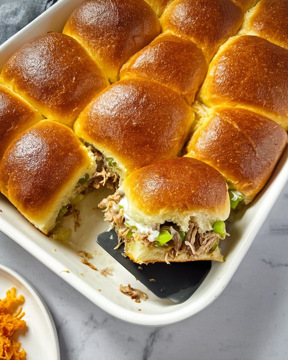 The image shows nine square sandwich sliders in a white baking dish on a white marbled surface. The top layer consists of golden to dark brown baked bread rolls with a soft and smooth texture. The middle layer is visible on one pulled slider, revealing sliced green bell peppers, light beige shredded meat, and some white creamy sauce, along with thin light-colored onion slices. The bottom layer is formed by the bread bottoms, which are lighter in color than the tops. A black spatula is partially under the pulled slider. In the bottom left corner, there is a partial view of a white square plate with some orange food visible. Photo taken with an iphone --ar 4:5 --v 7