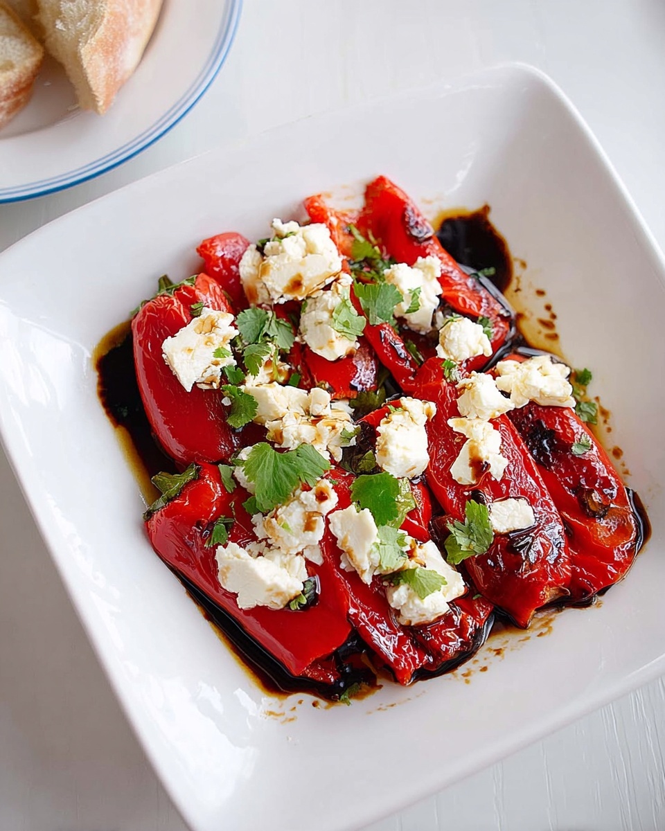 On a white square plate, there is a layer of red roasted peppers that look soft and shiny, arranged side by side covering the plate. Over the peppers, there are scattered chunks of white creamy cheese with a rough, crumbly texture. Small green cilantro leaves are sprinkled on top for color contrast. Around the peppers, dark brown balsamic vinegar pools with a glossy look, slightly spreading on the white plate. The plate sits on a white marbled surface with a small part of a plate holding some bread visible in the background. Photo taken with an iphone --ar 4:5 --v 7