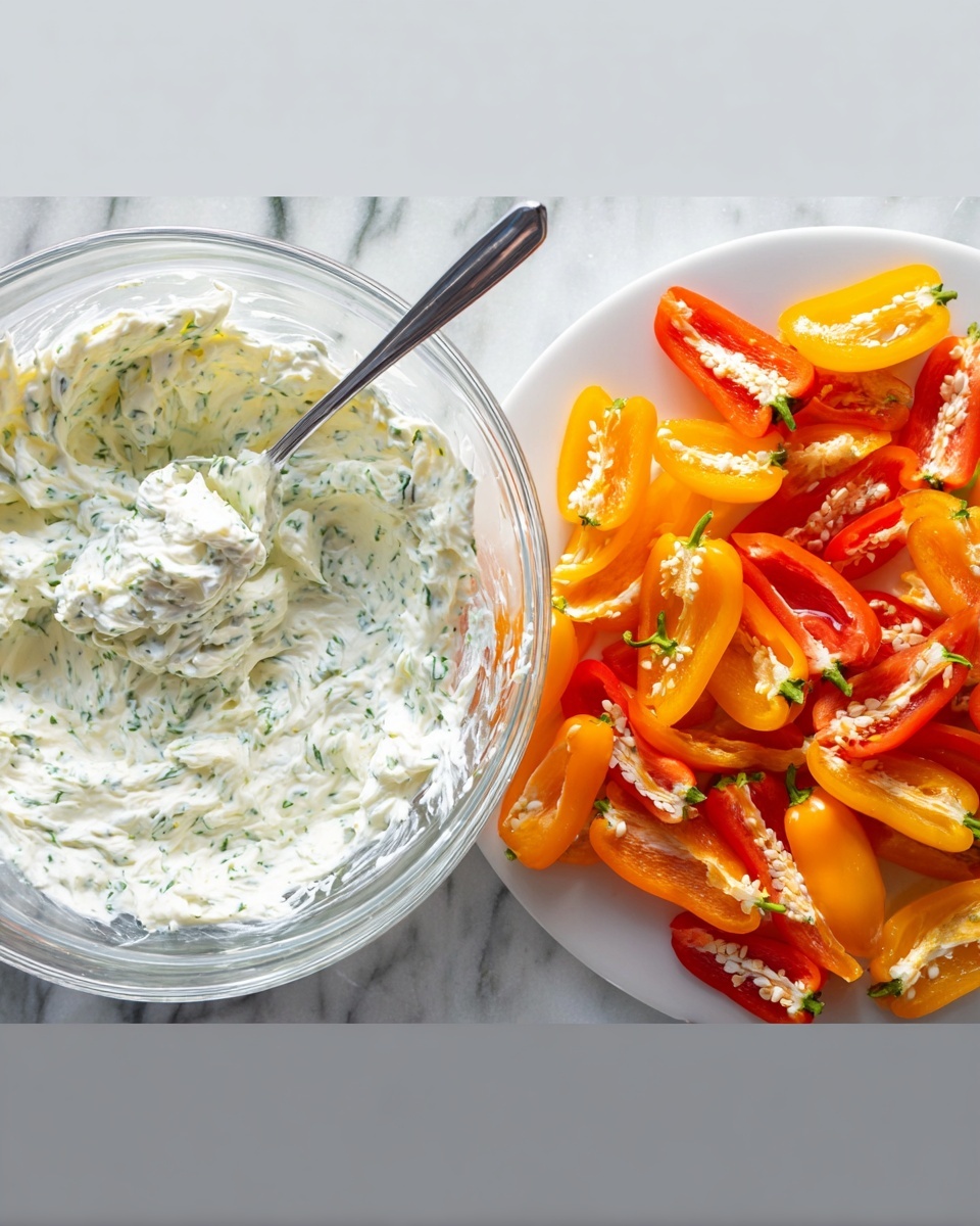 The image shows a clear glass bowl with a creamy white mixture speckled with green herbs, giving it a textured look; a metal spoon sticks out from the mixture, resting inside the bowl. Next to it, on a white marbled surface, there is a white plate filled with small red, orange, and yellow mini bell peppers halved and cleaned, showing their smooth shiny inner walls and small seeds inside. The peppers are arranged loosely and spread out evenly on the plate. Photo taken with an iphone --ar 4:5 --v 7
