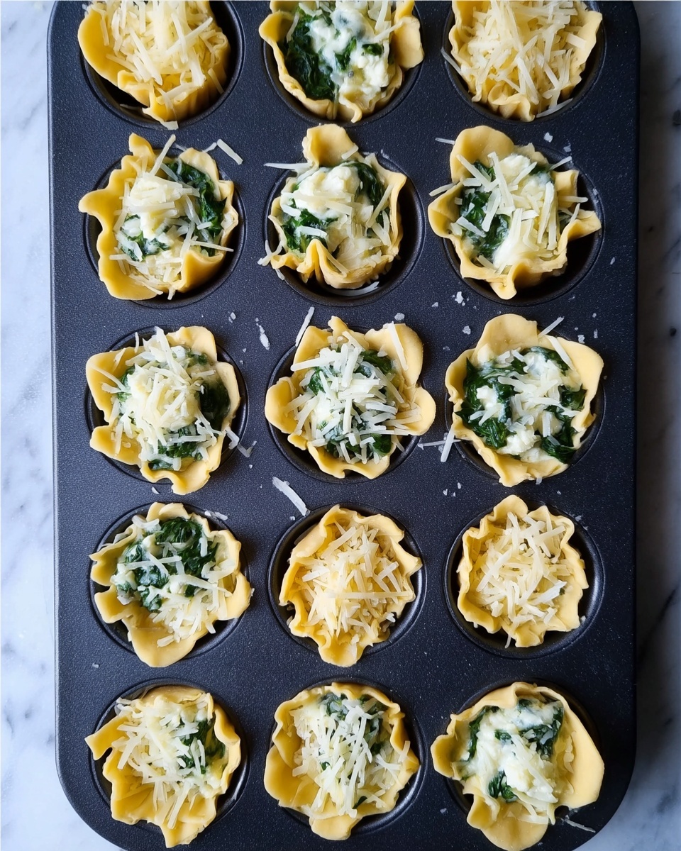 A black muffin tray filled with small pastry cups, each lined with golden-yellow dough forming the base and edges. Inside each cup, there is a layer of green spinach mixed with a creamy white cheese, topped with shredded white cheese. The tray rests on a white marbled surface. photo taken with an iphone --ar 4:5 --v 7