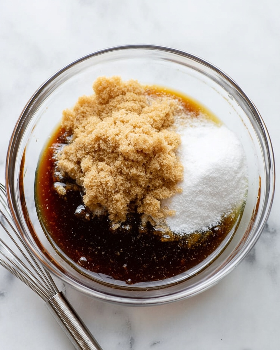 A clear glass bowl sits on a white marbled surface, filled with four separate layers of ingredients. The bottom layer is a dark, shiny liquid with a smooth texture. On top of this, there is a loose layer of light brown sugar, slightly clumped together. Next to the sugar on one side, there is a white powdery layer that looks soft and fine. A silver metal whisk lies beside the bowl on the surface. The photo is taken with an iphone --ar 4:5 --v 7