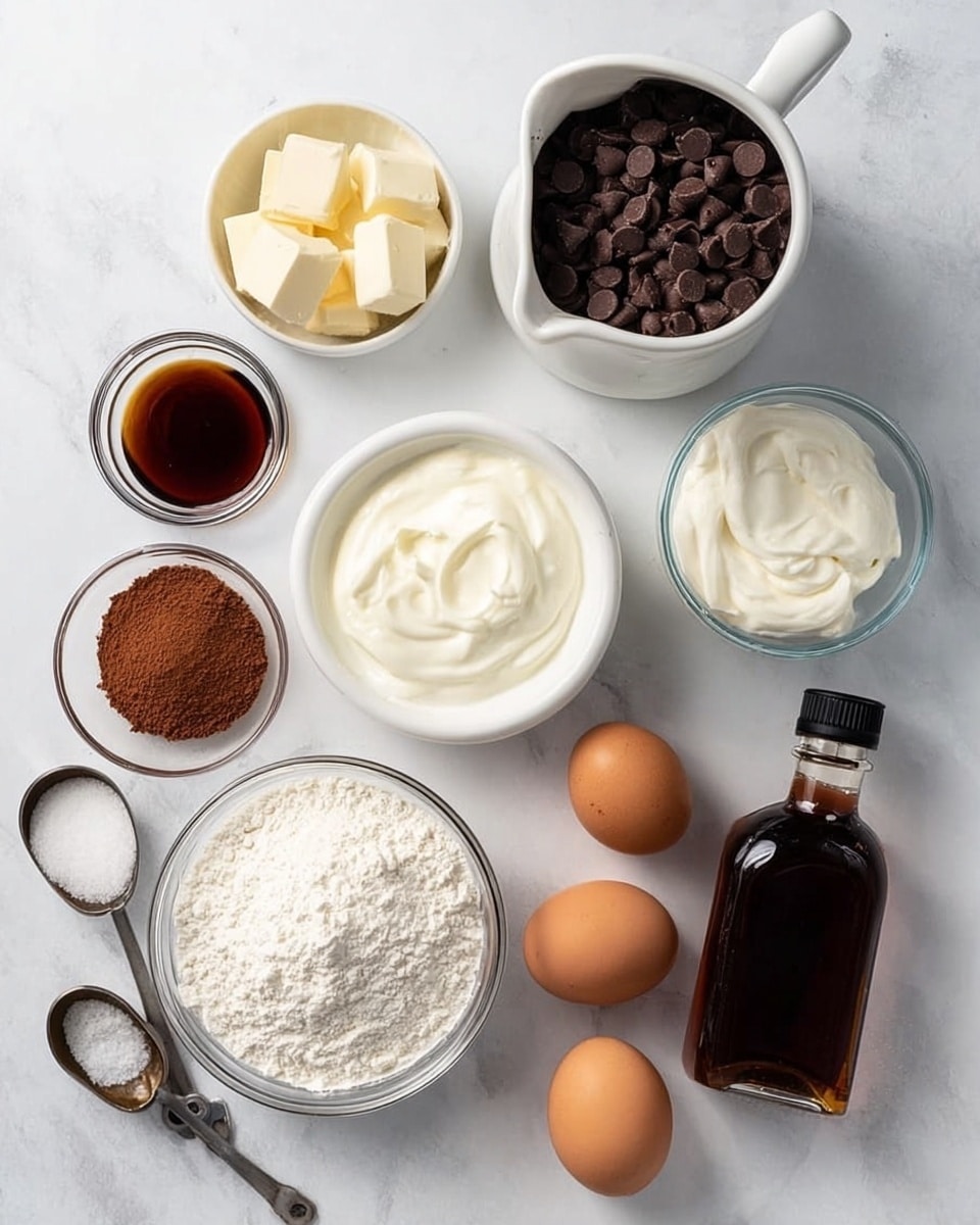 The image shows nine ingredients arranged on a white marbled surface. In the center, there is a white pitcher filled with dark brown chocolate chips. Above the chips, a small white bowl holds white butter cubes, and to its right, a white bowl contains thick creamy yogurt with a spoon inside. To the left of the butter, a small clear glass cup holds a dark brown liquid, possibly vanilla extract. Below the chocolate chips, a small glass bowl is filled with light brown cocoa powder, and to the right is a large glass bottle with a black cap filled with dark maple syrup. Near the bottom left, a clear glass bowl contains white flour, with two brown eggs next to it on the right. Two metal measuring spoons with wooden handles are placed on the left side, and a small white bowl with white salt is near the bottom left corner. photo taken with an iphone --ar 4:5 --v 7
