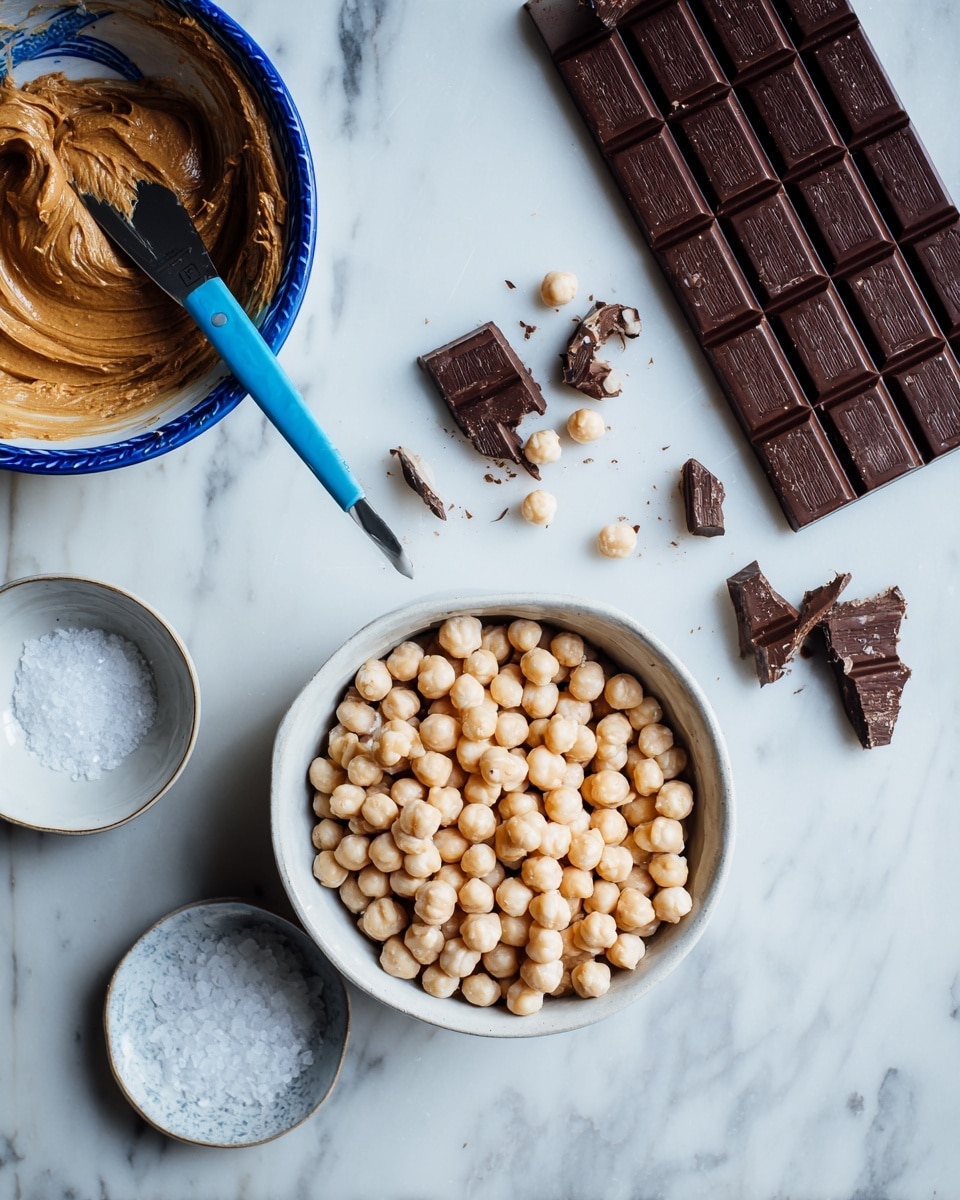 The image shows four items on a white marbled surface. At the bottom right, there is a large white bowl filled with small, round, pale beige puffed cereal balls. Above it to the right is a partially unwrapped bar of dark chocolate with several broken pieces scattered around. At the top left, there is a blue and white bowl with a creamy brown spread inside, with a blue-handled metal knife resting inside the bowl. Below it to the left, a small white bowl contains white salt flakes. photo taken with an iphone --ar 4:5 --v 7
