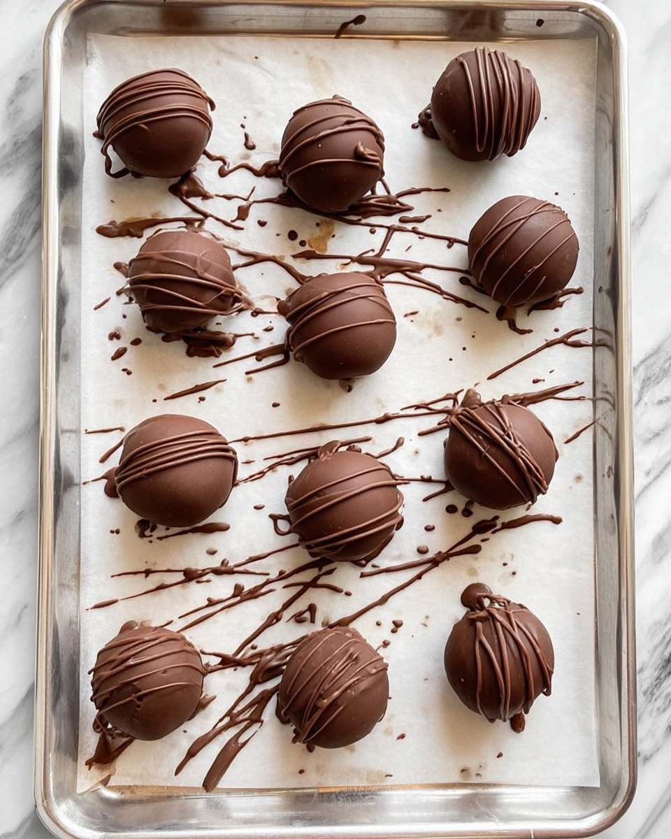 A metal tray lined with white parchment paper holds fifteen round chocolate truffles, each covered smoothly in dark chocolate with some having additional thin lines of drizzled chocolate on top. The truffles vary slightly in size and are arranged loosely in rows across the tray. The parchment paper has extra streaks of melted chocolate artistically spread across its surface, while the overall background is a white marbled texture. The photo was taken with an iphone --ar 4:5 --v 7