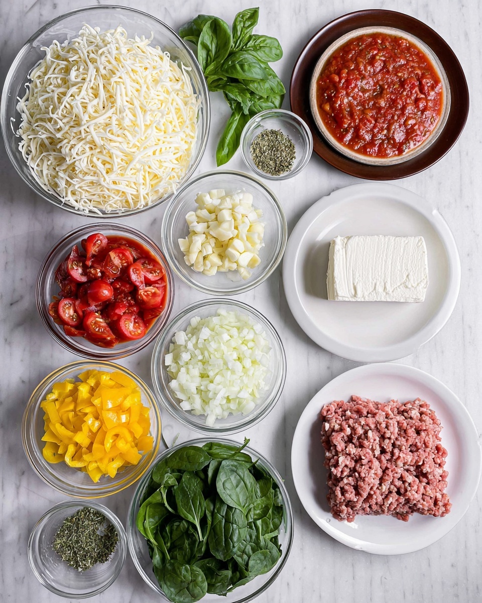 The image shows several clear glass bowls and two white plates on a white marbled surface, each filled with different ingredients. A large bowl filled with shredded white cheese sits at the bottom left. To the right is a white plate with raw ground meat shaped in a square. Above it, there is a brown plate with two blocks of white cream cheese. Next to the cream cheese bowl is a small bowl with chopped garlic. Above the garlic is a small bowl with chopped white onions. To the left is a bowl of yellow chopped peppers. Above that is a small bowl of shredded white cheese. To the left is a bowl of whole peeled tomatoes in red sauce, and above that is a bowl of green chopped spinach. Fresh basil leaves are spread near the center. A small bowl of dried herbs is also placed above the shredded cheese. The ingredients are arranged neatly and clearly. Photo taken with an iphone --ar 4:5 --v 7